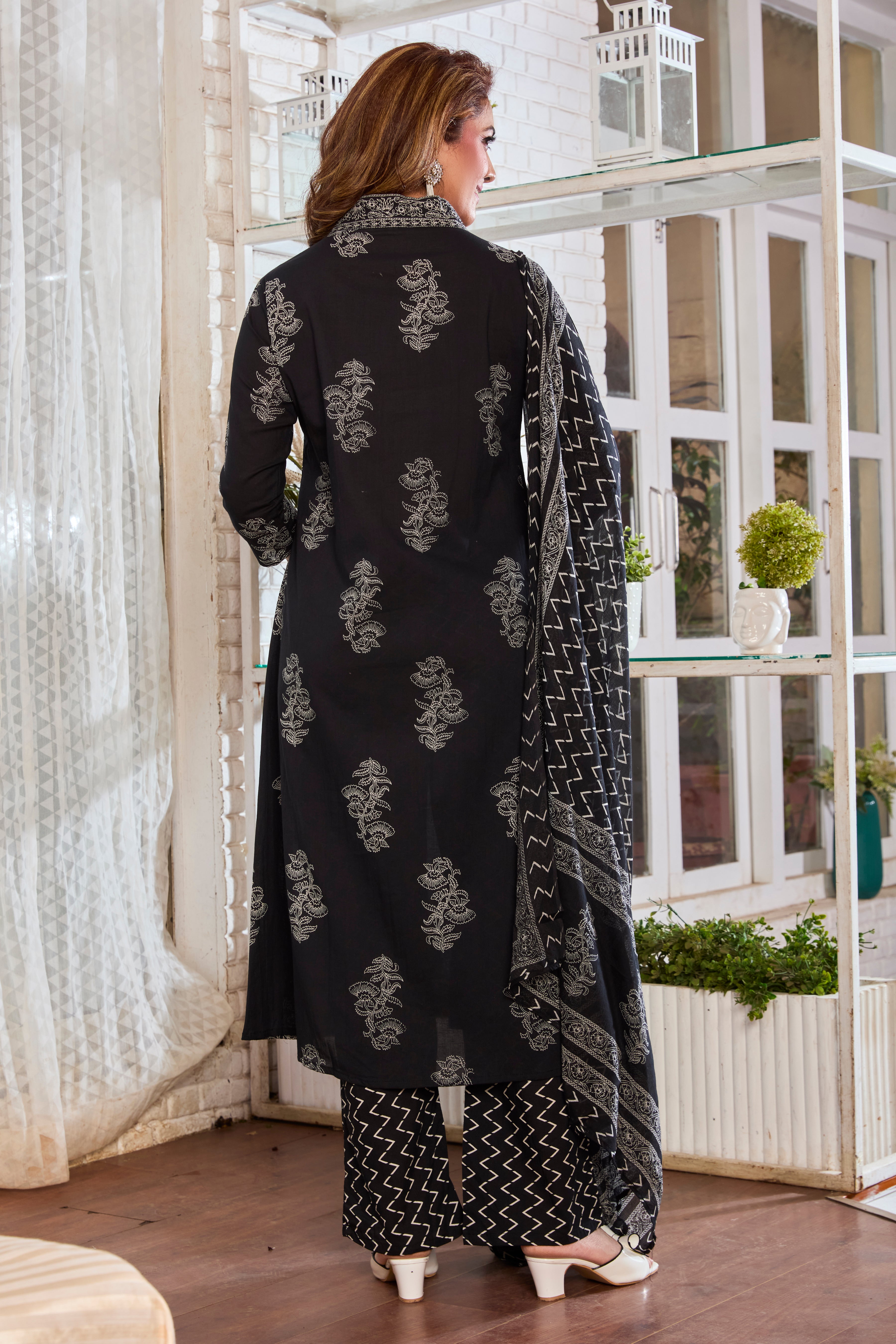 Midnight Black Hand Block Floral Print A-Line Kurta with White Handblock Print & Cotton Dupatta
