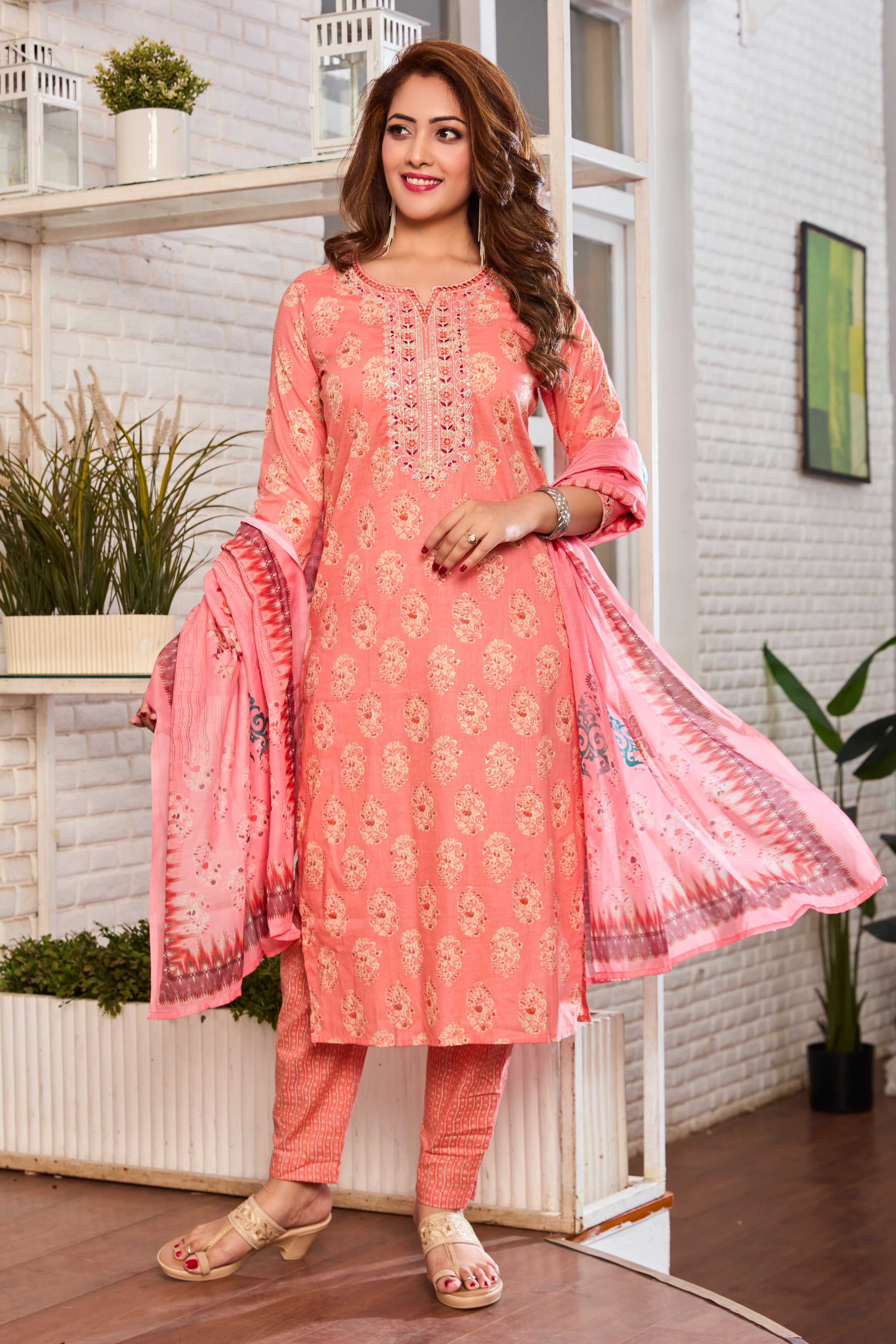 Peach Floral Motfits Straight Suit Set with Cotton Dupatta
