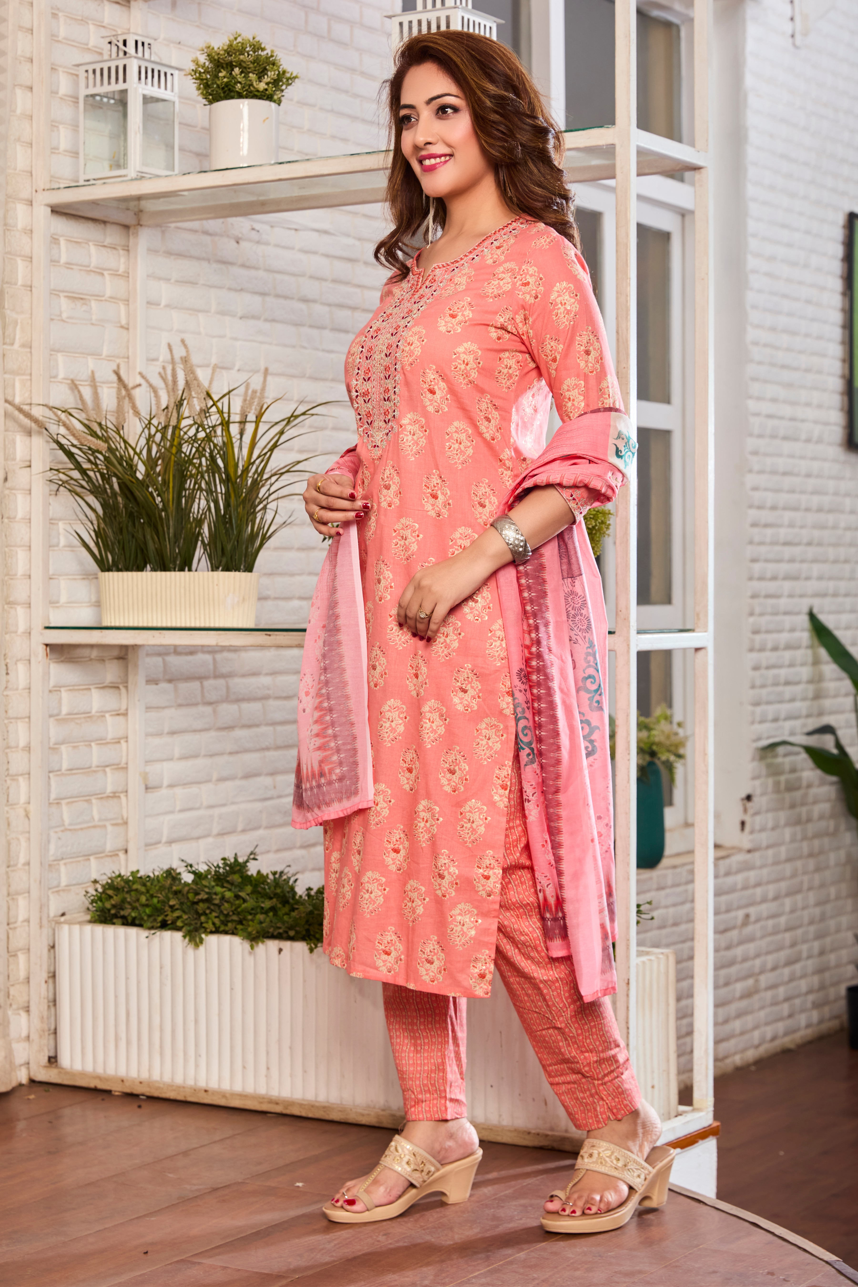 Peach Floral Motfits Straight Suit Set with Cotton Dupatta