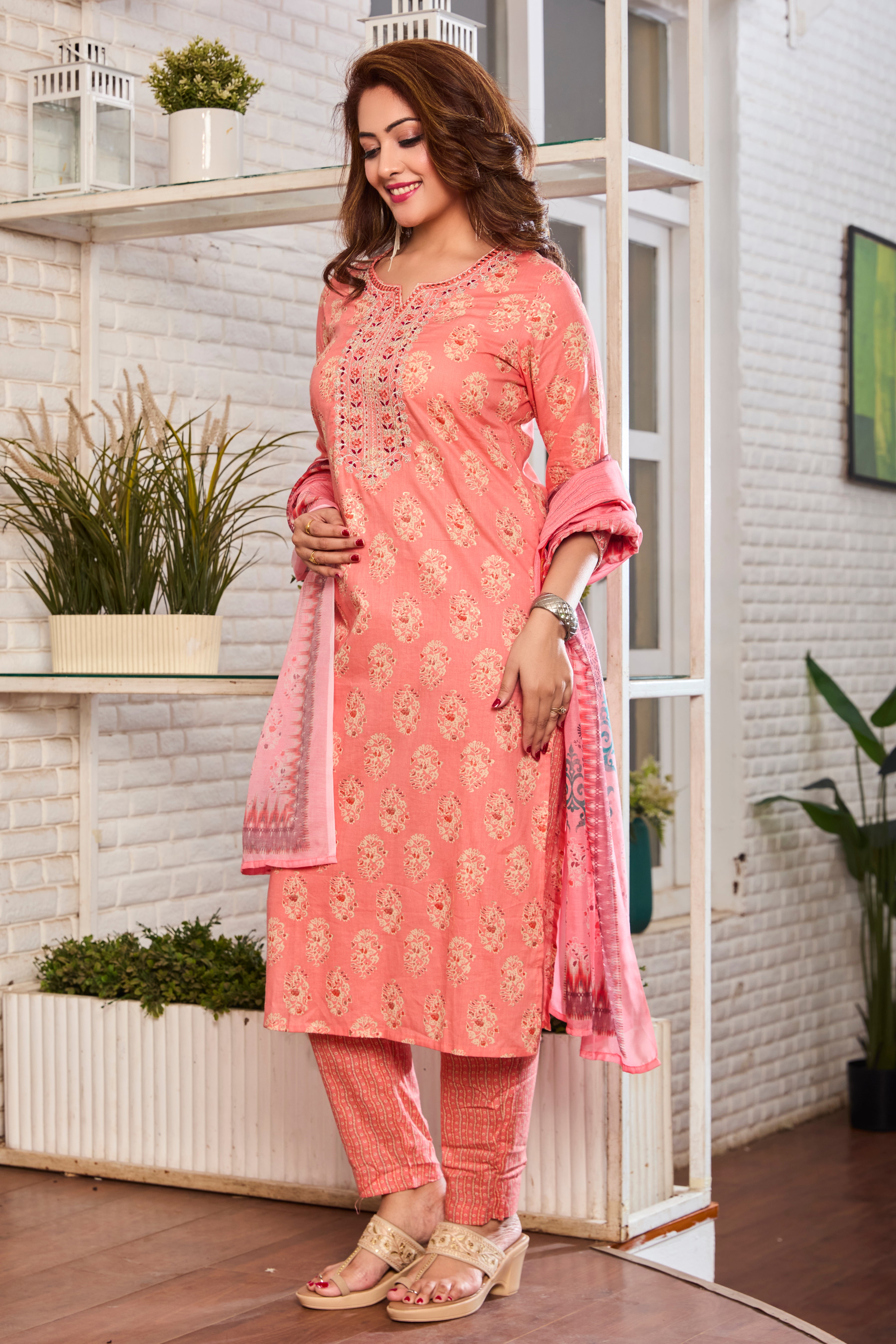 Peach Floral Motfits Straight Suit Set with Cotton Dupatta