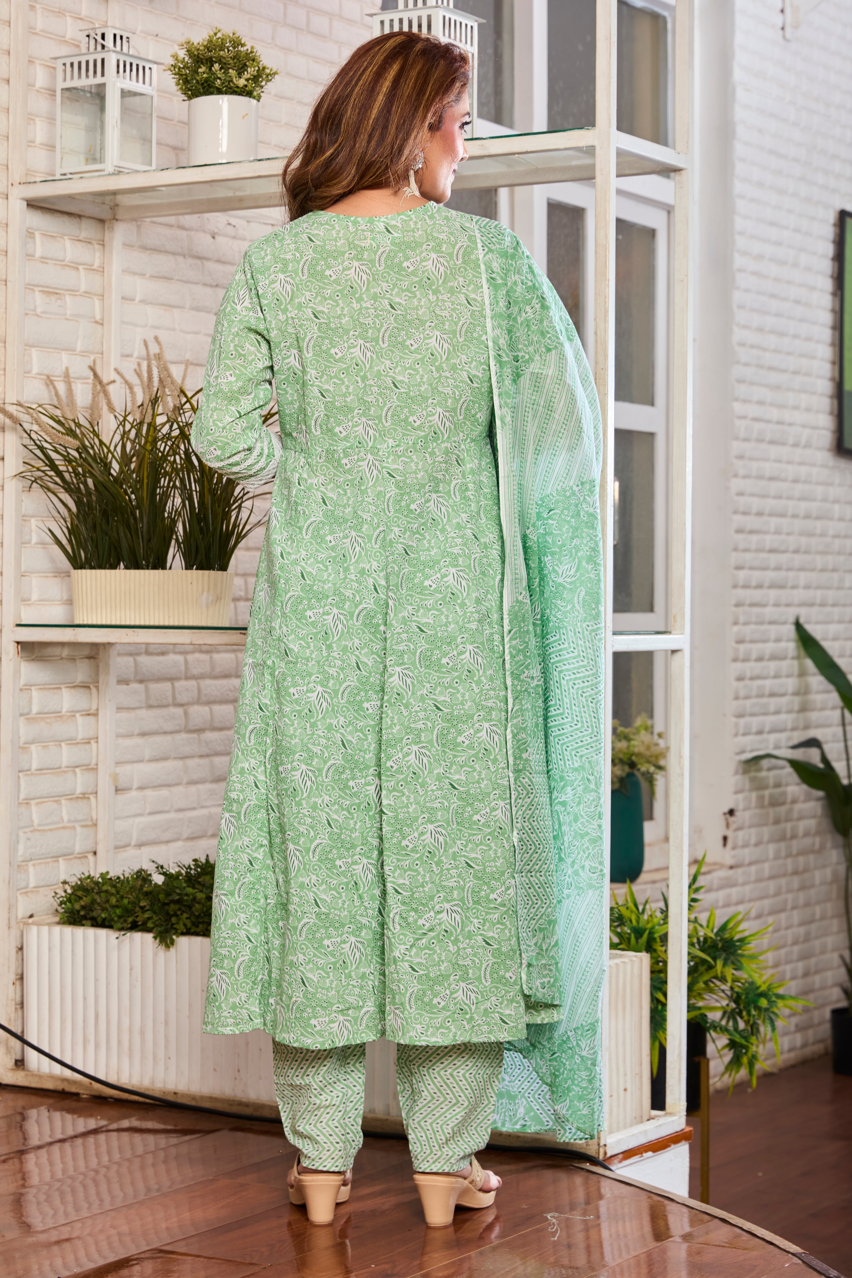 Mint Green Hand Block Floral Print Anarkali Kurta Suit Set with Cotton Dupatta