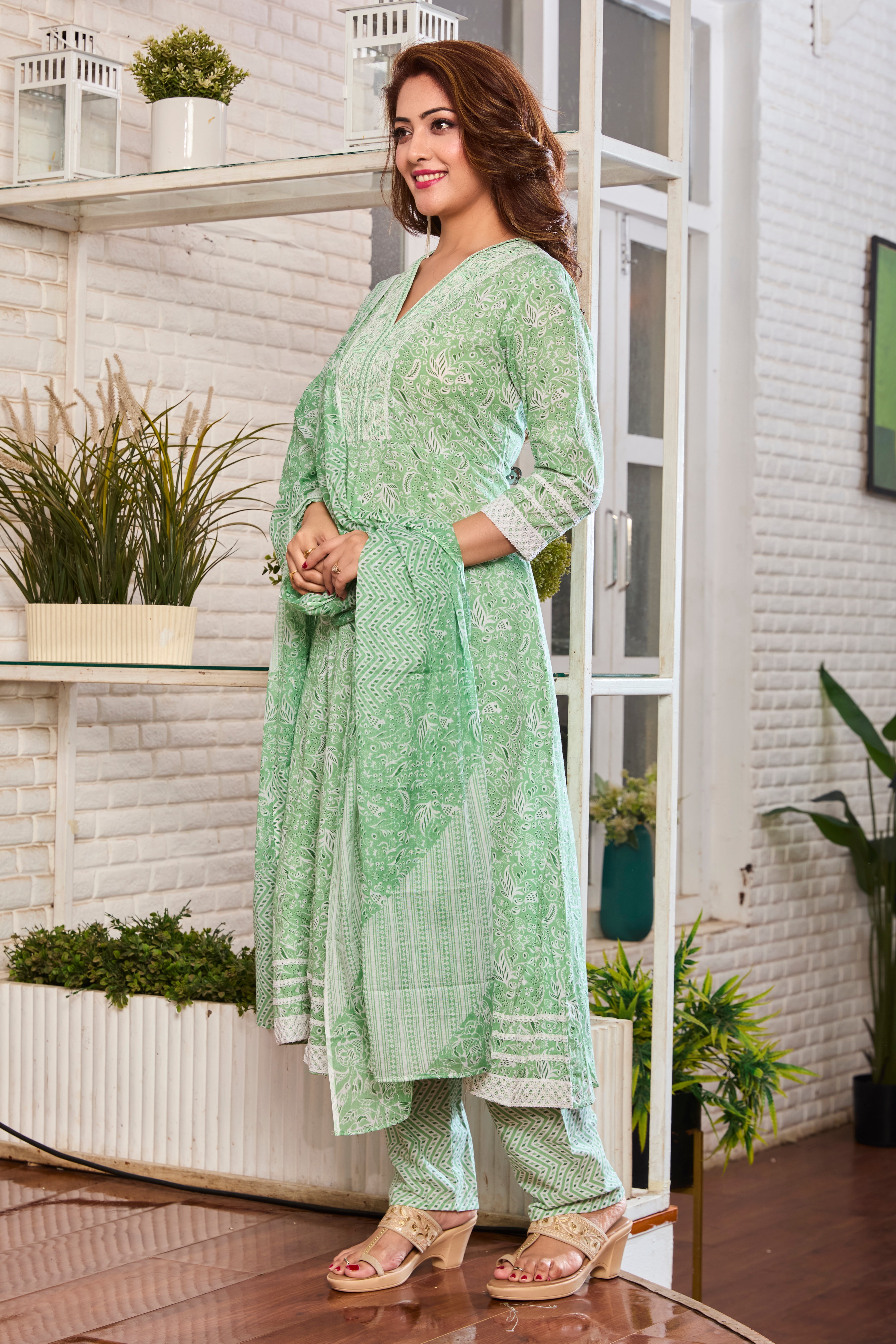 Mint Green Hand Block Floral Print Anarkali Kurta Suit Set with Cotton Dupatta