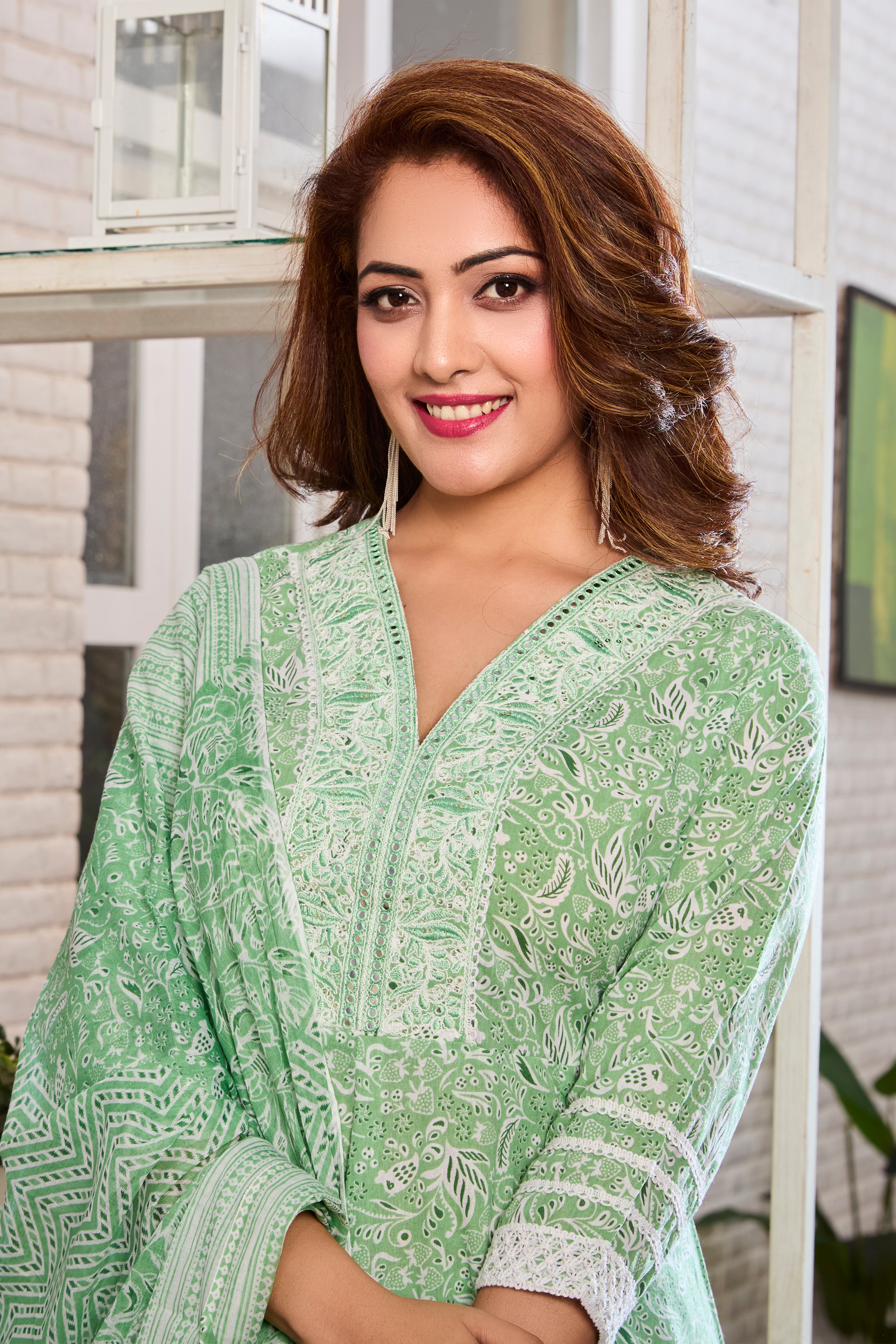 Mint Green Hand Block Floral Print Anarkali Kurta Suit Set with Cotton Dupatta