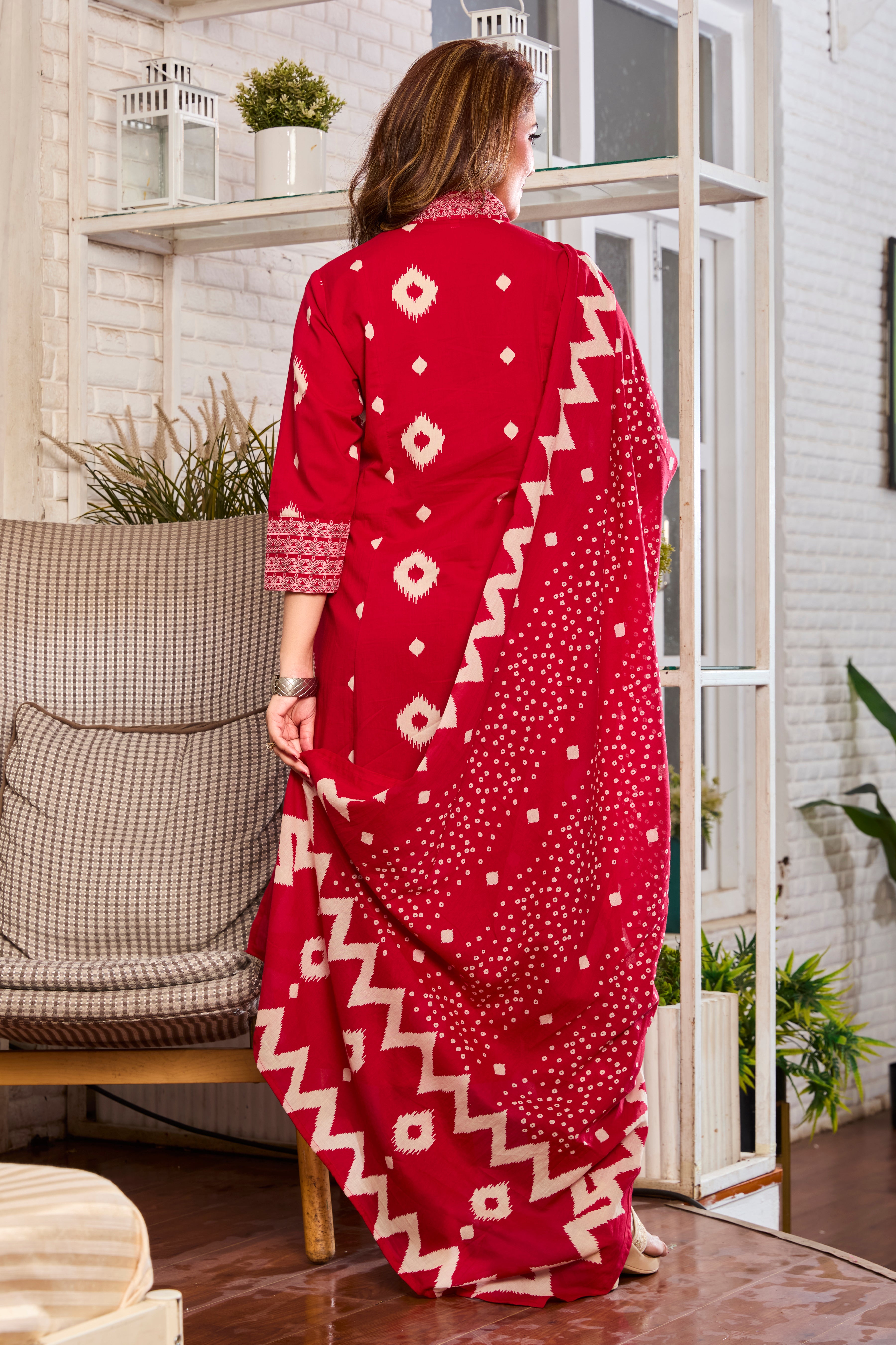 Crimson Elegance Hand Block Floral Print A-Line Kurta with Soft Cotton Dupatta
