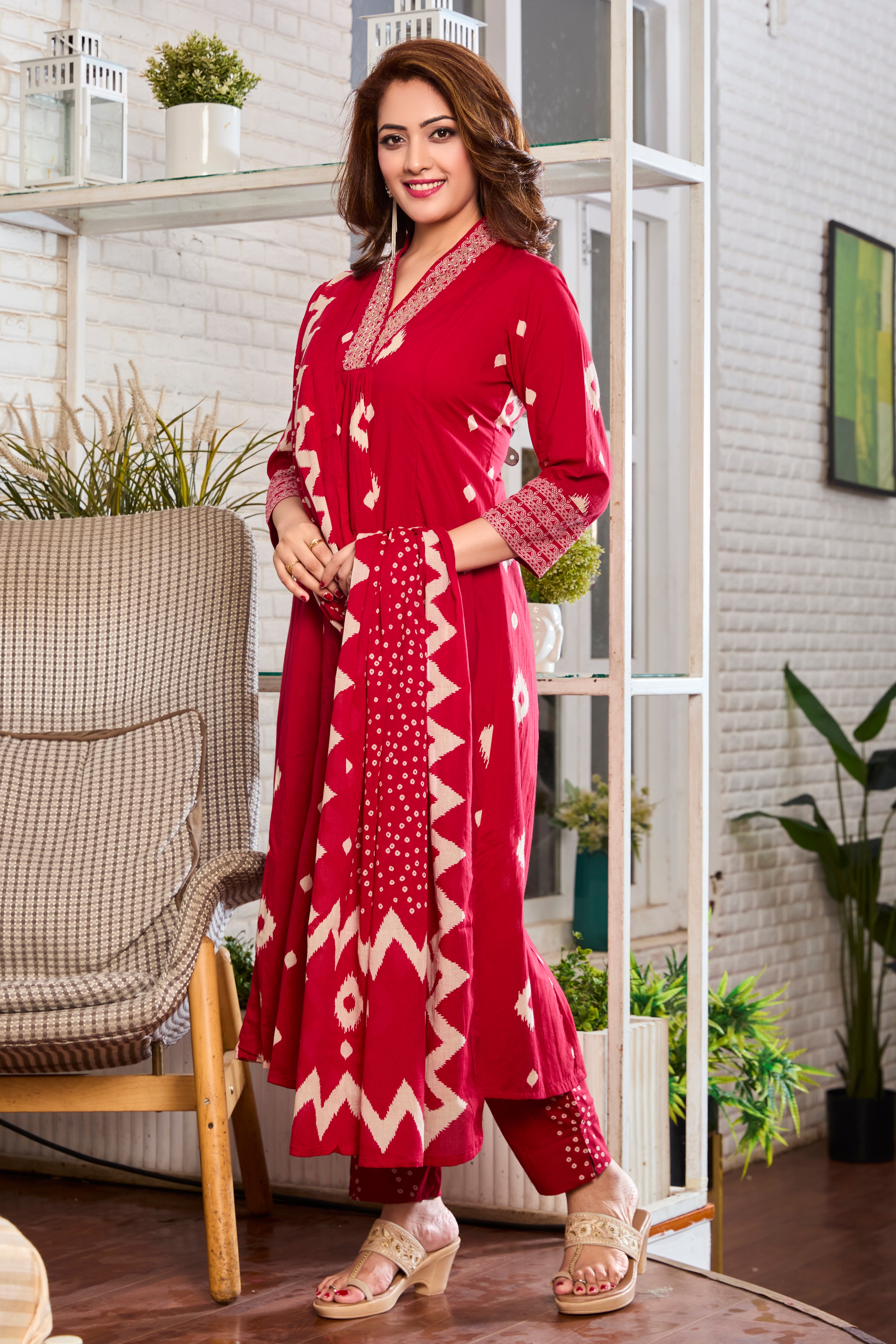 Crimson Elegance Hand Block Floral Print A-Line Kurta with Soft Cotton Dupatta