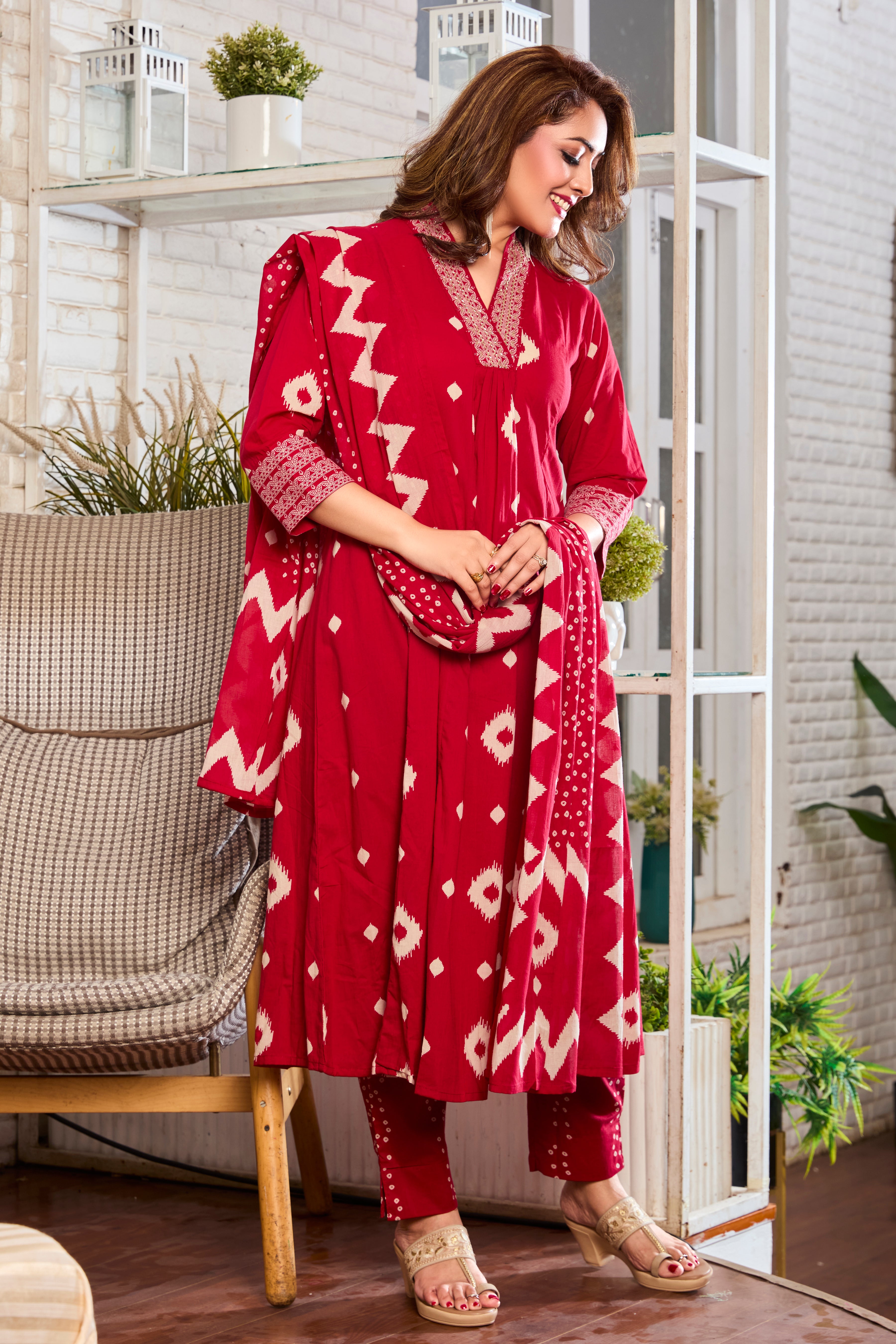 Crimson Elegance Hand Block Floral Print A-Line Kurta with Soft Cotton Dupatta