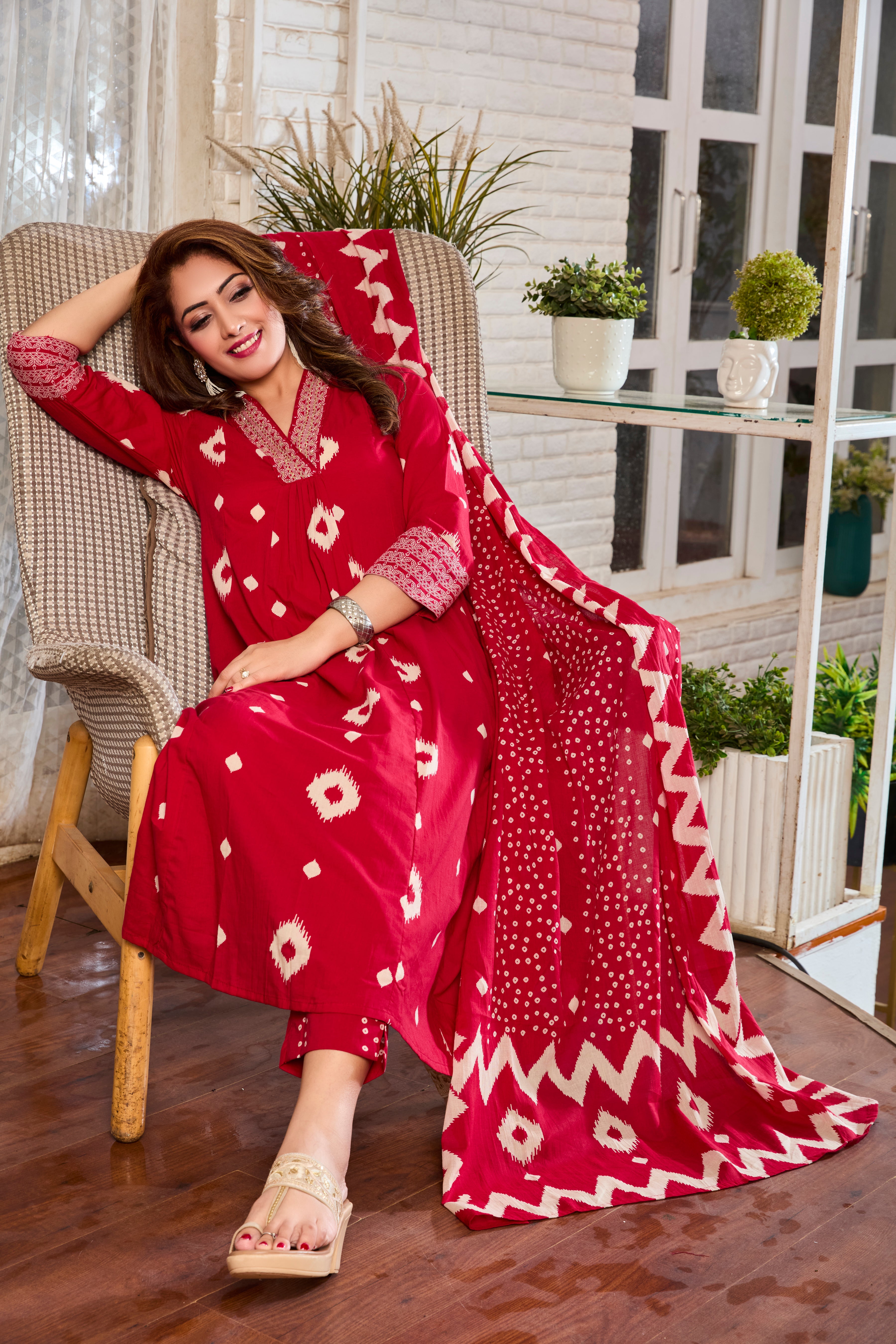 Crimson Elegance Hand Block Floral Print A-Line Kurta with Soft Cotton Dupatta