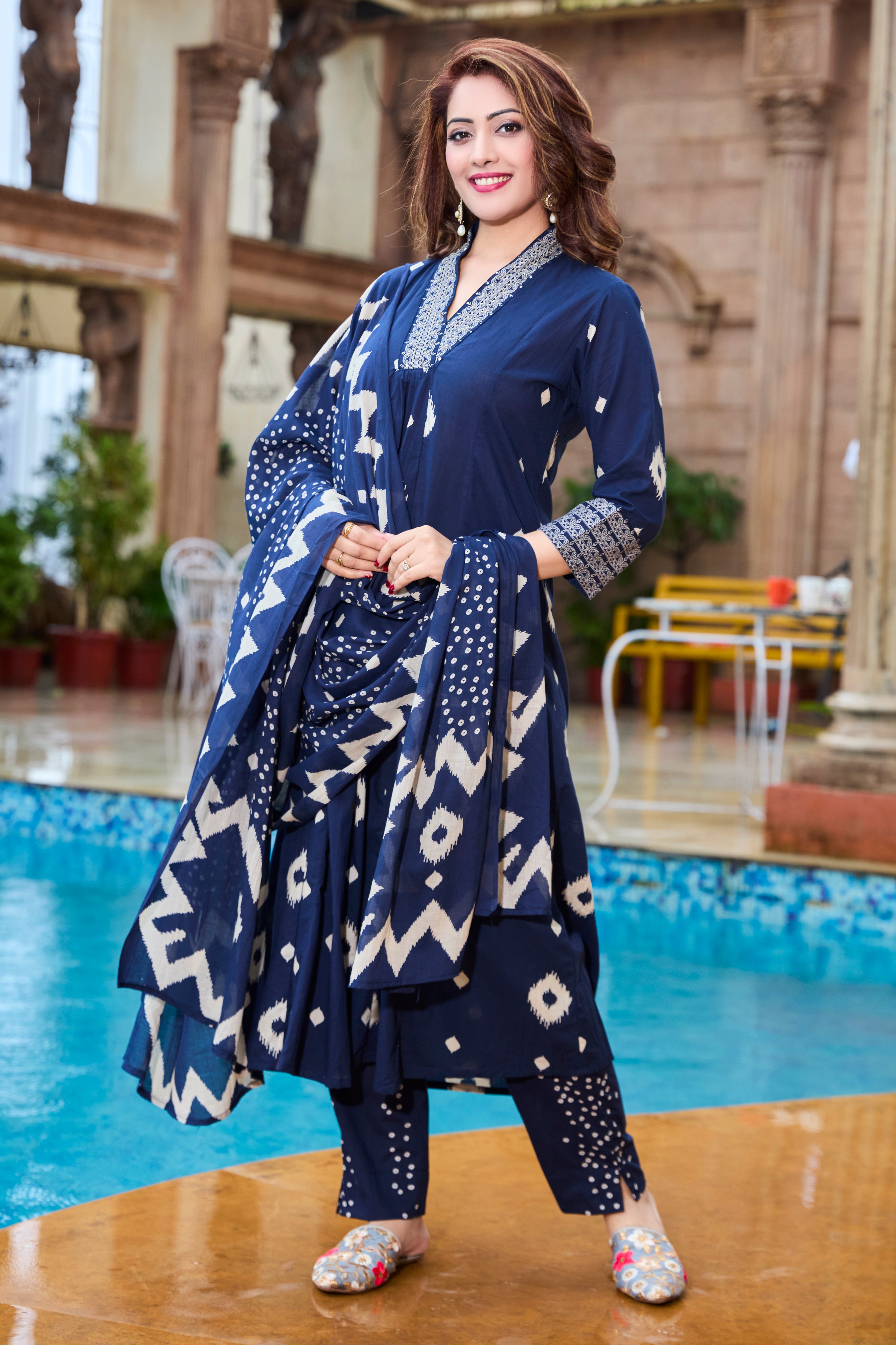 Midnight Navy & Ivory Hand Block Floral Print A-Line Kurta with Soft Cotton Dupatta