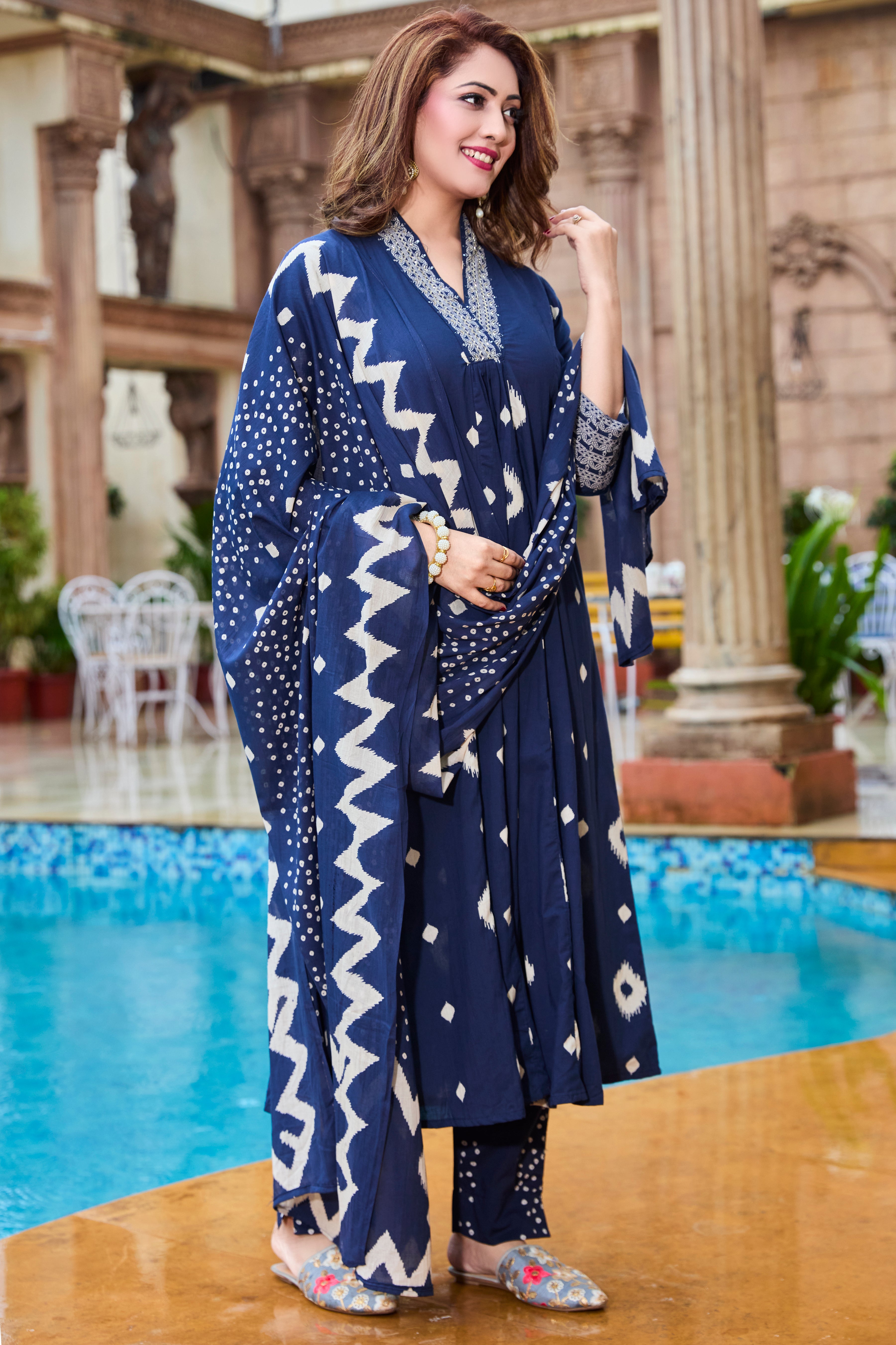 Midnight Navy & Ivory Hand Block Floral Print A-Line Kurta with Soft Cotton Dupatta