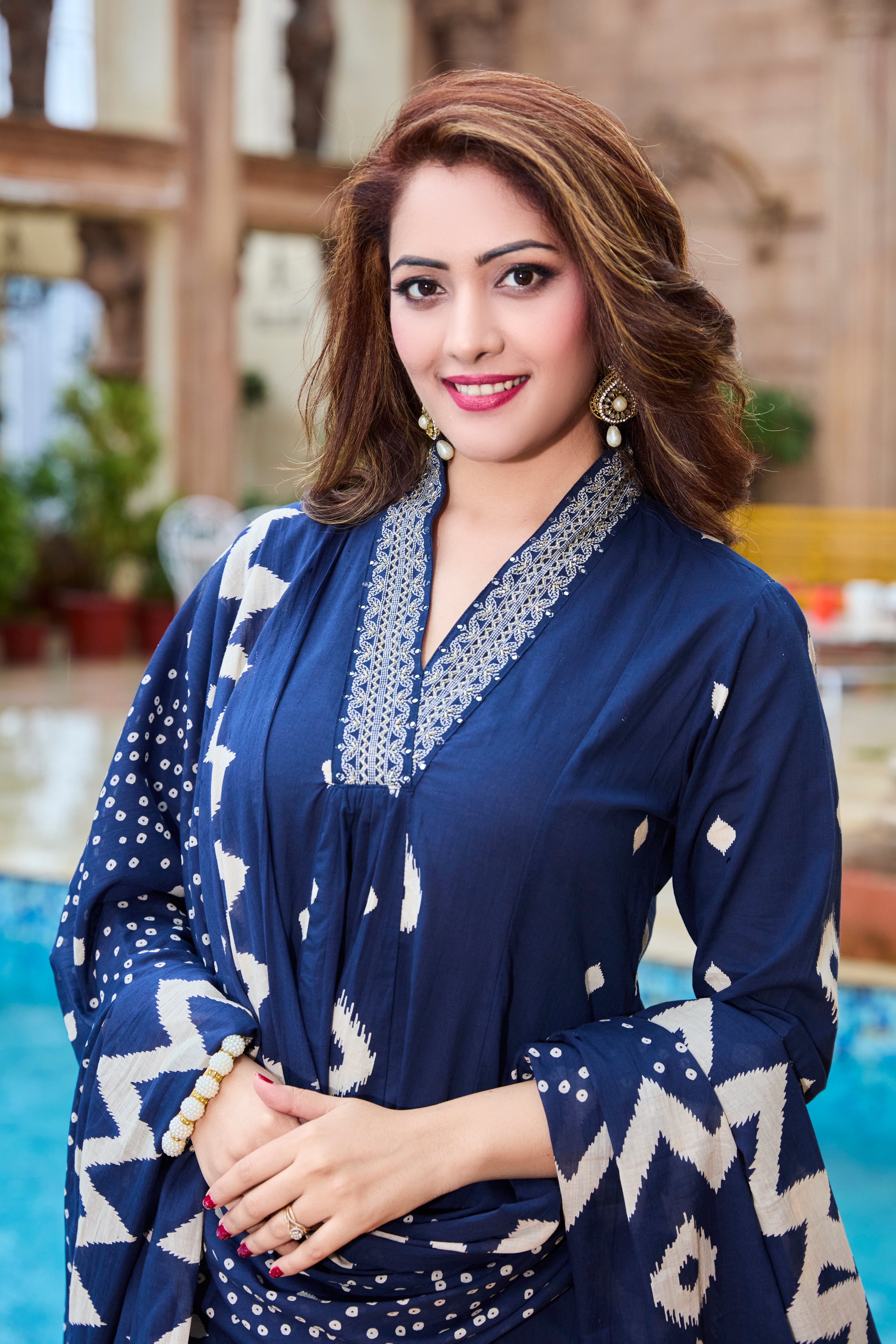 Midnight Navy & Ivory Hand Block Floral Print A-Line Kurta with Soft Cotton Dupatta