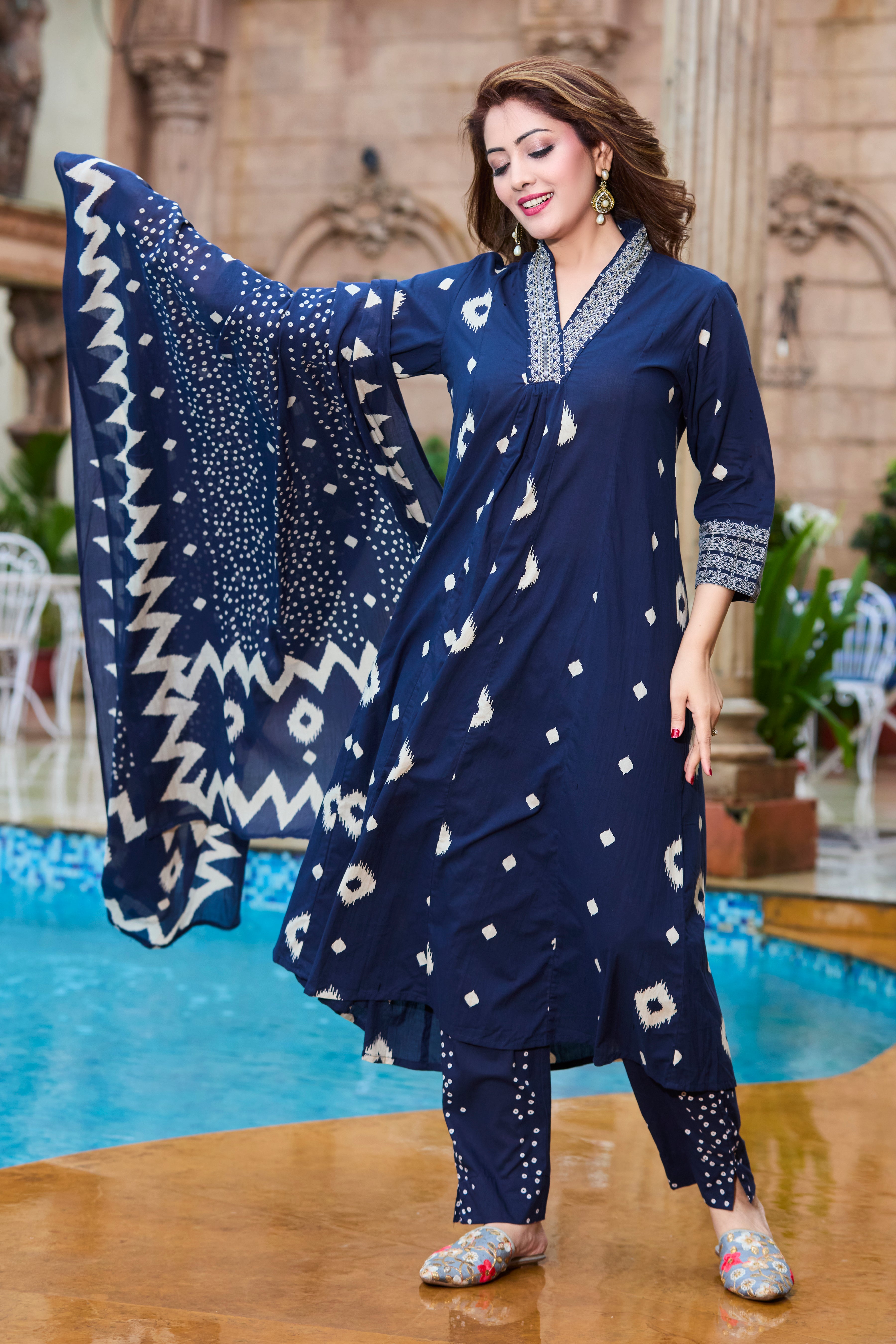 Midnight Navy & Ivory Hand Block Floral Print A-Line Kurta with Soft Cotton Dupatta