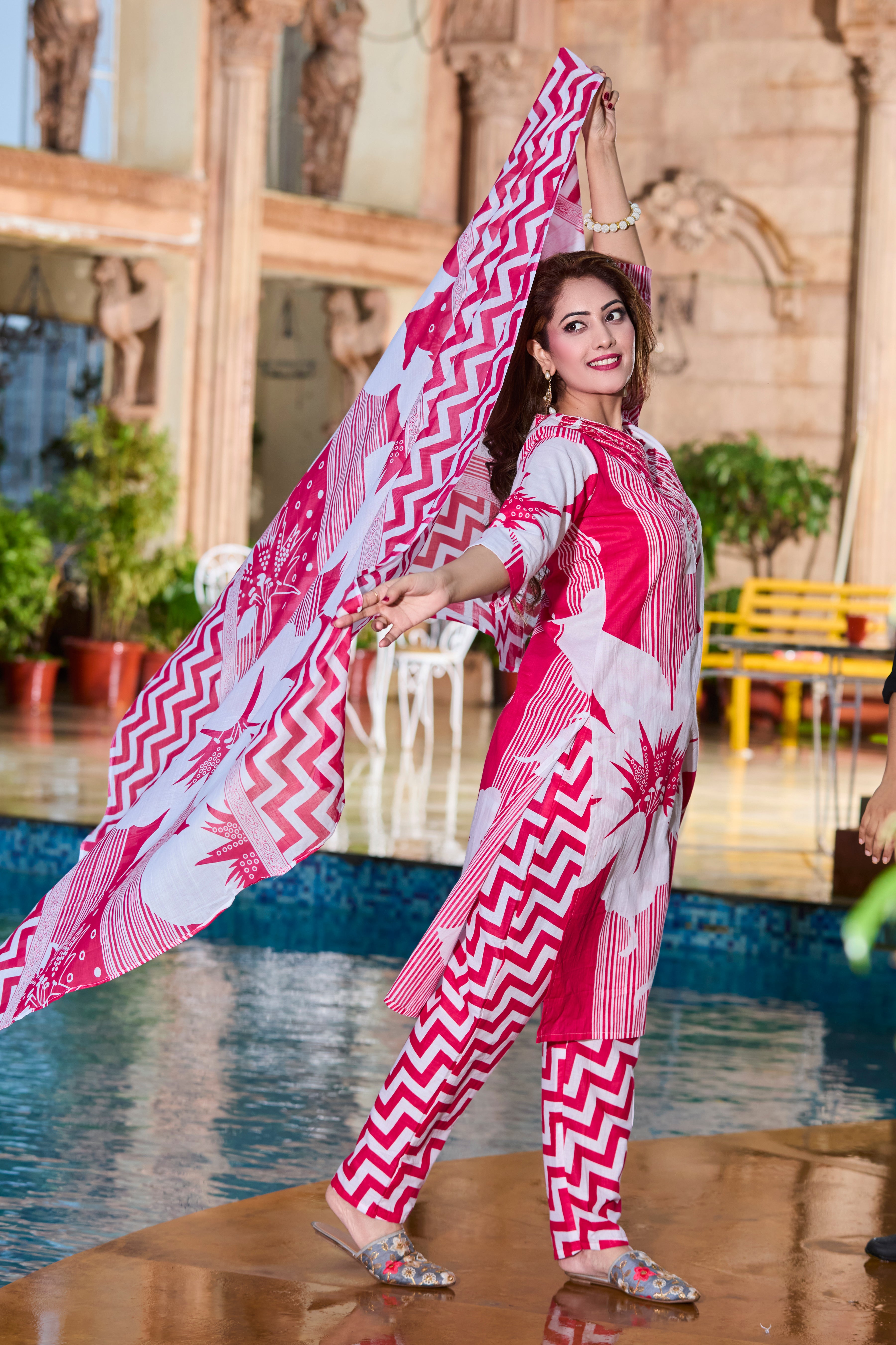 Bright Pink Handblock striped and floral motifs with Lightweight soft cotton Dupatta