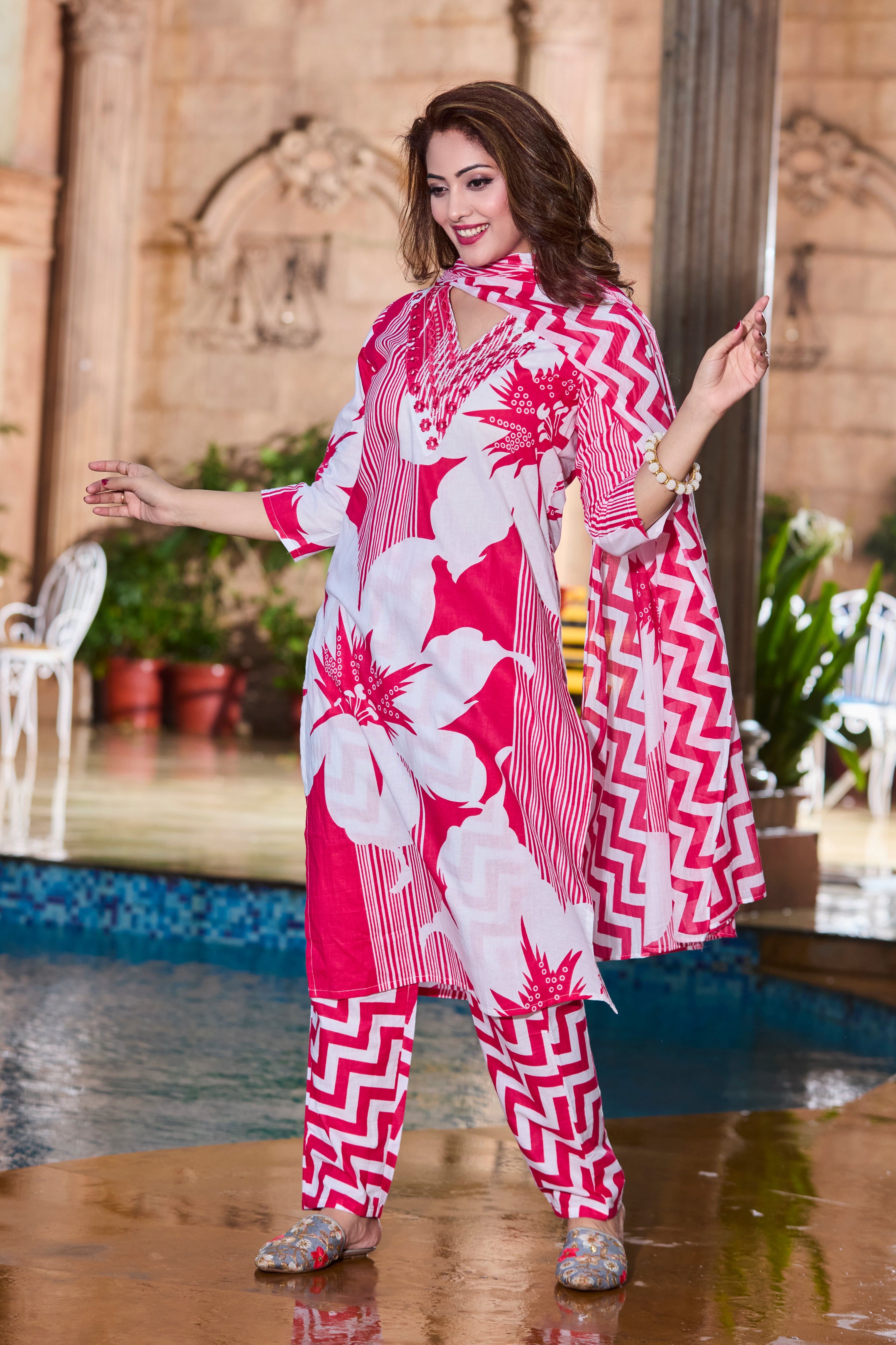 Bright Pink Handblock striped and floral motifs with Lightweight soft cotton Dupatta