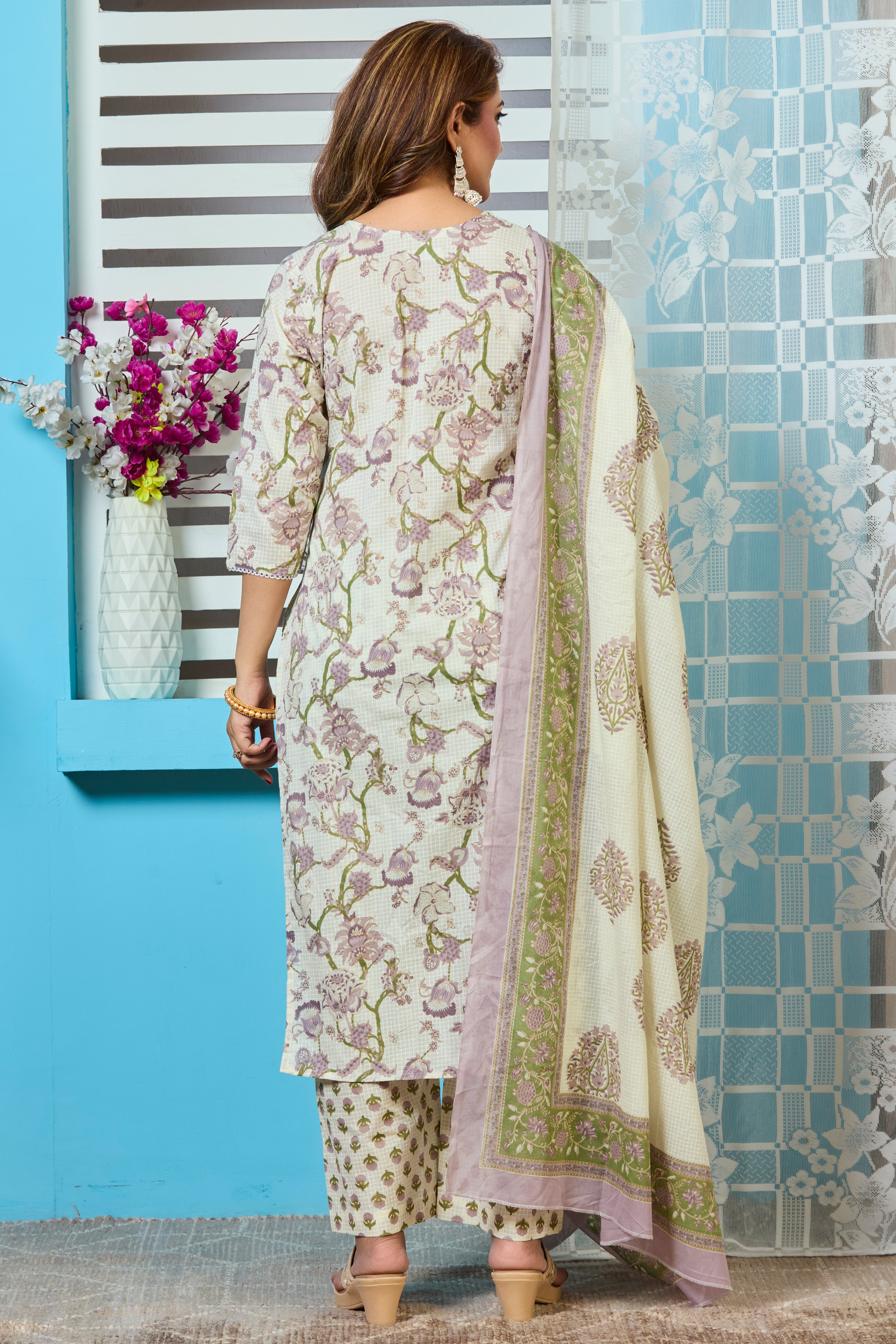 Off-White with Green Floral Check Pattern Straight Suit Set with Cotton Dupatta