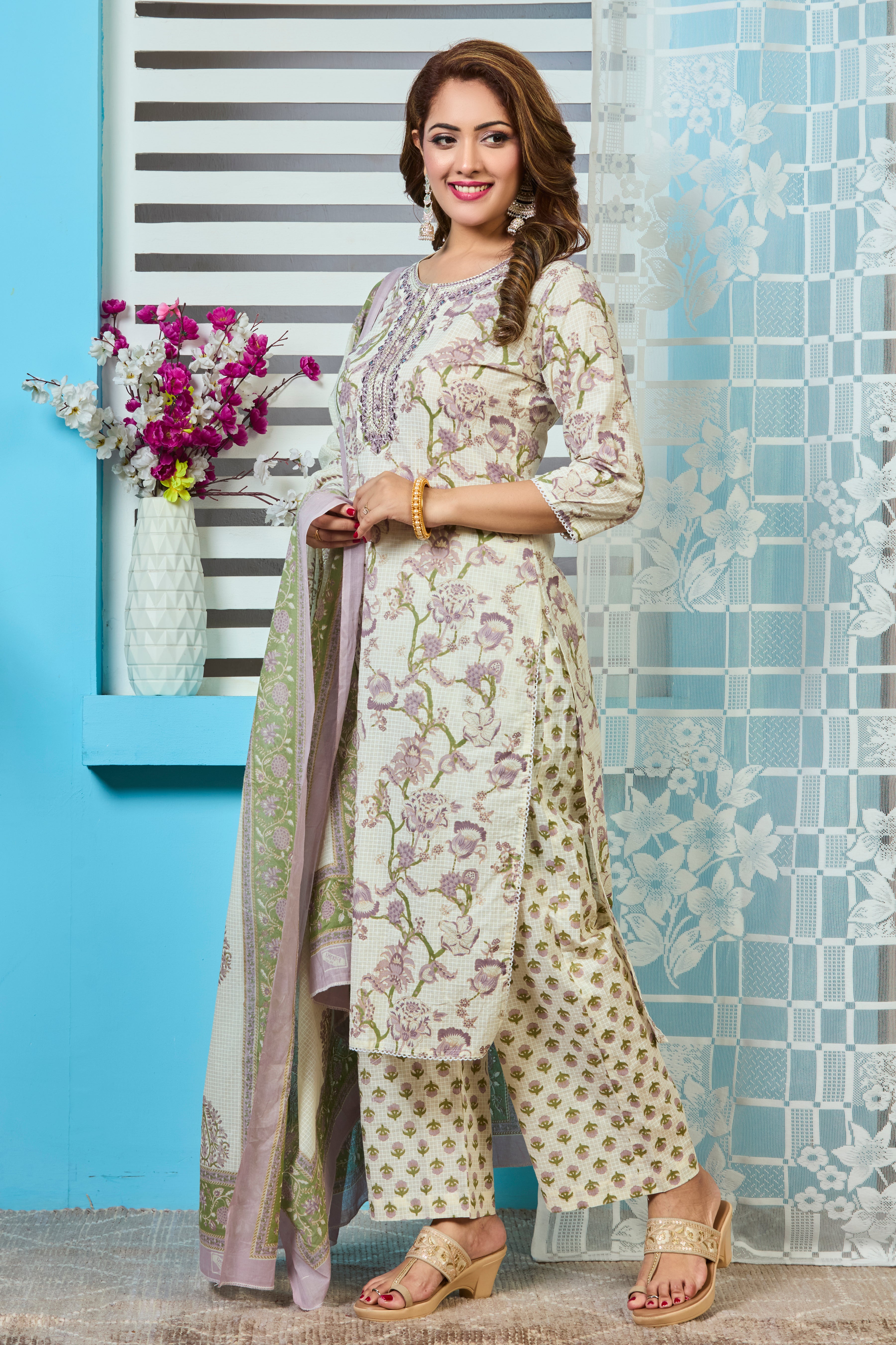 Off-White with Green Floral Check Pattern Straight Suit Set with Cotton Dupatta
