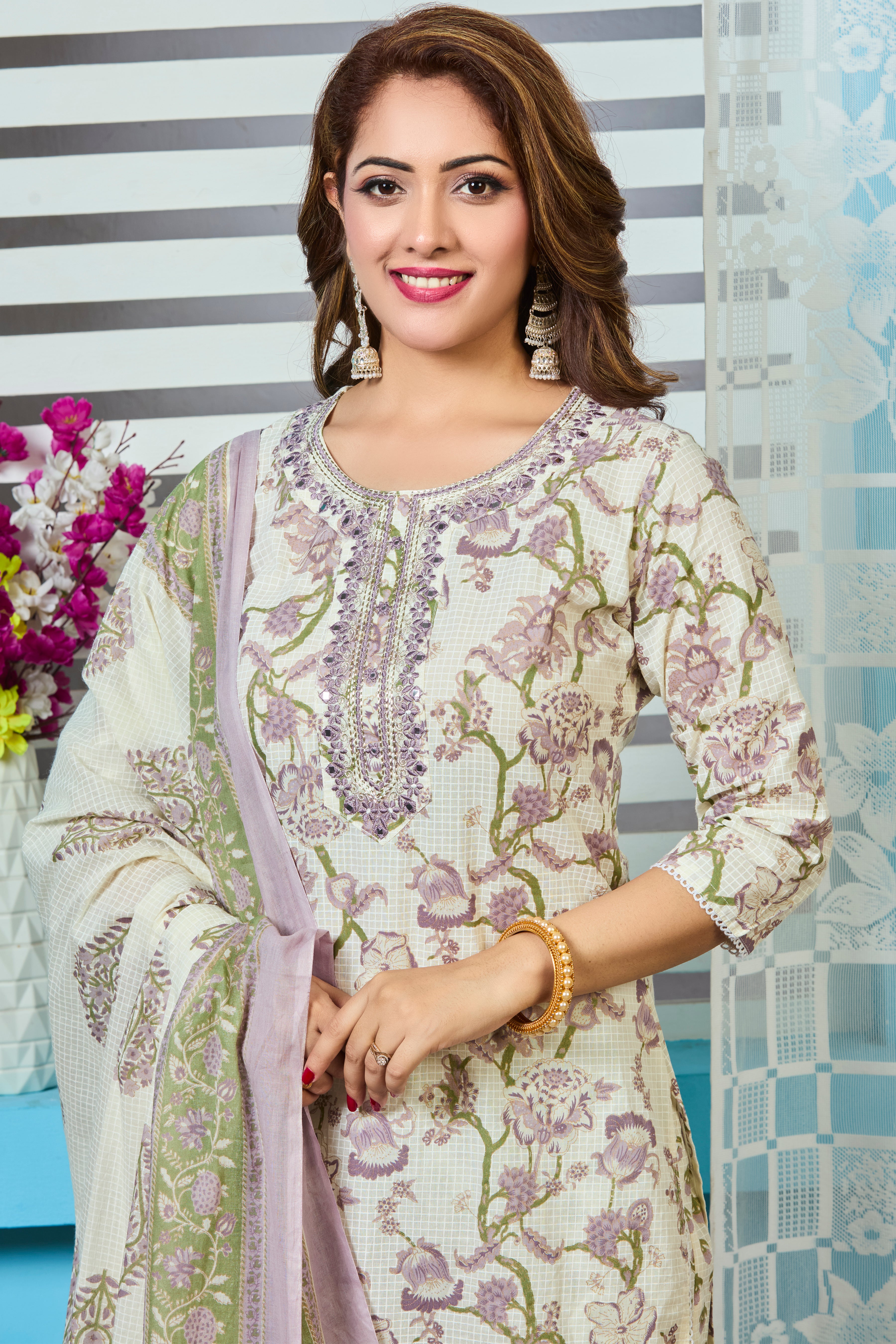 Off-White with Green Floral Check Pattern Straight Suit Set with Cotton Dupatta