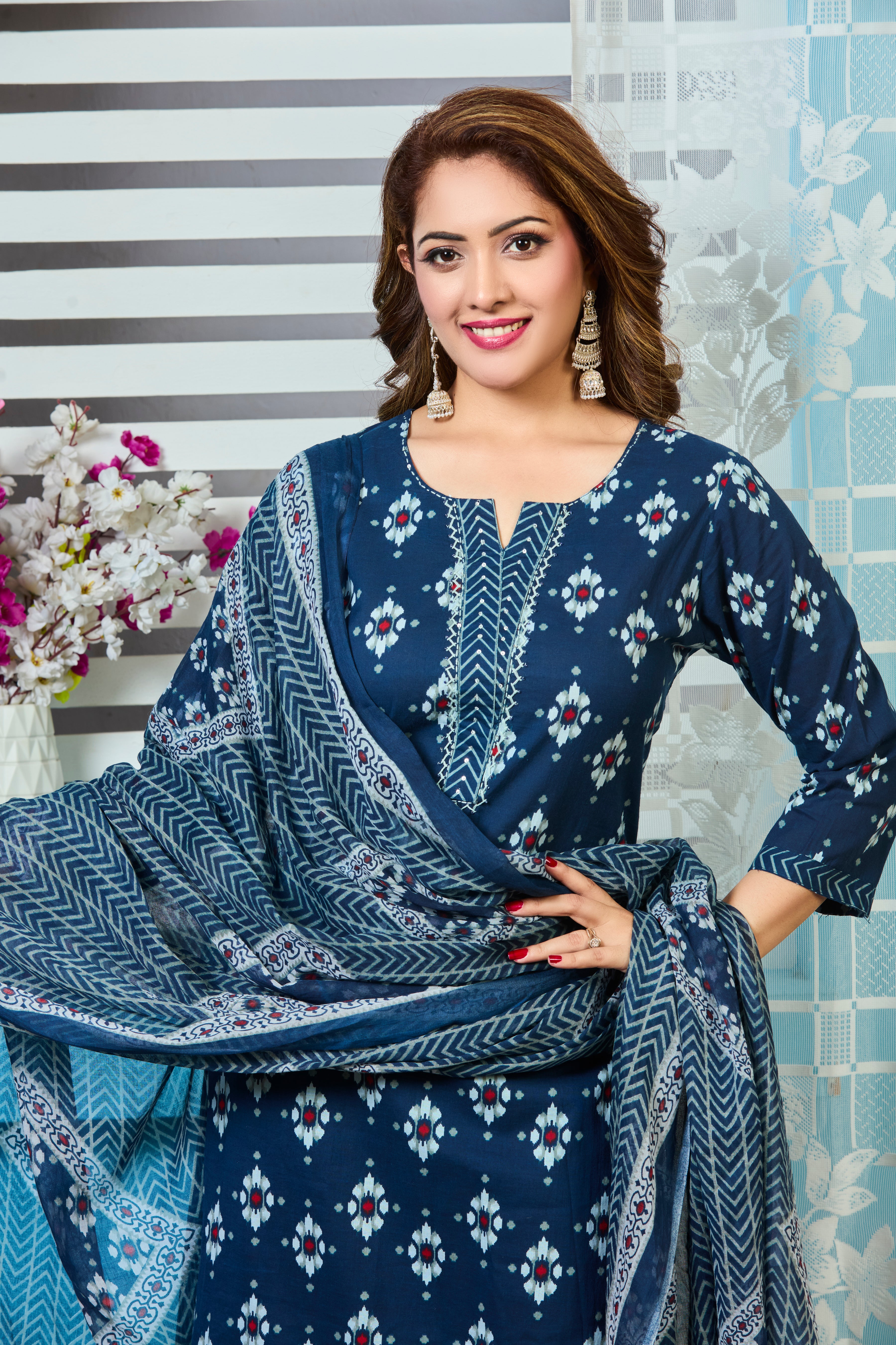 Deep Indigo Handblock print Straight suit set with Soft cotton Dupatta