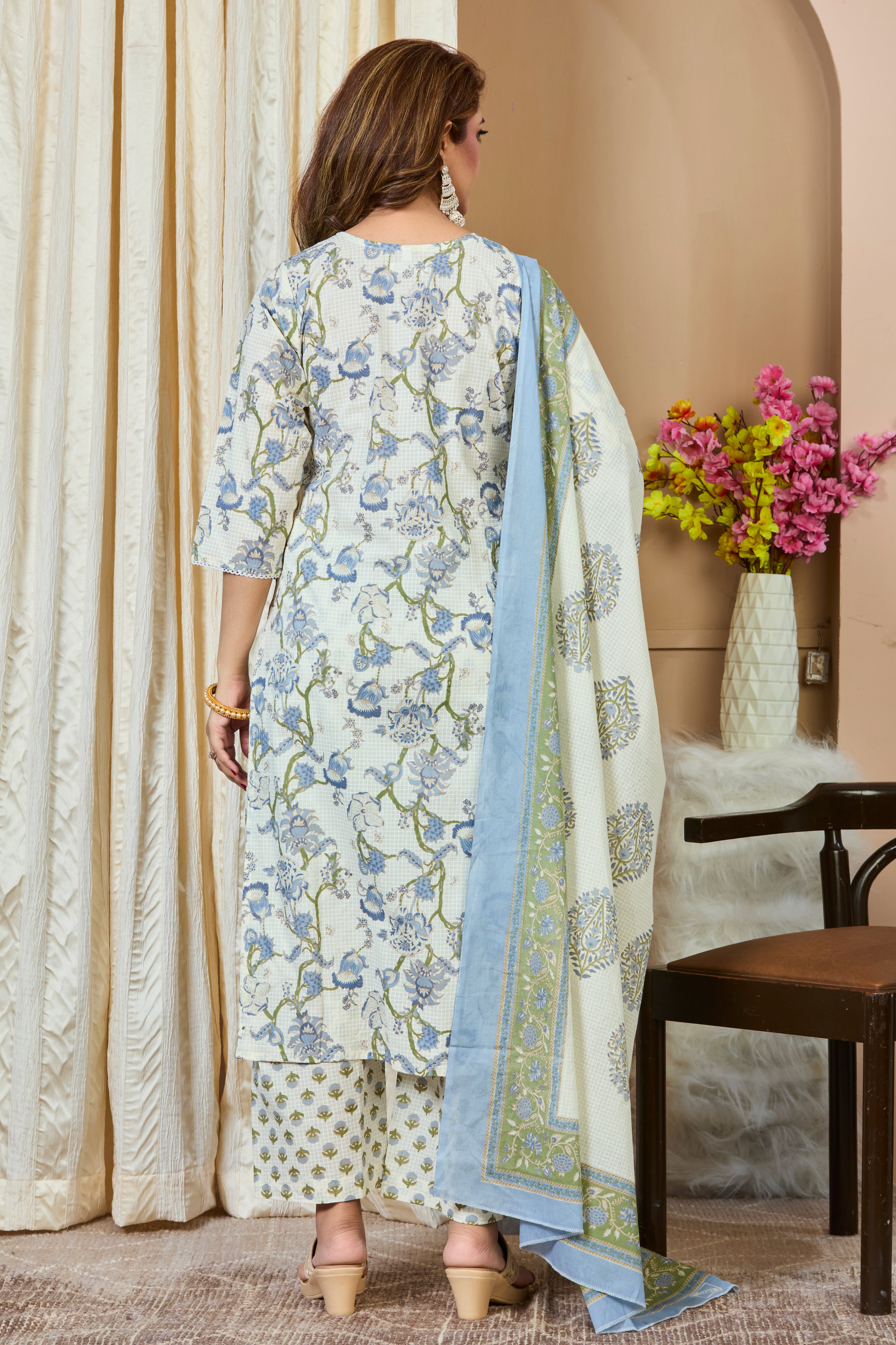 Off-White with Pastel Blue Floral Check Pattern Straight Suit Set with Cotton Dupatta