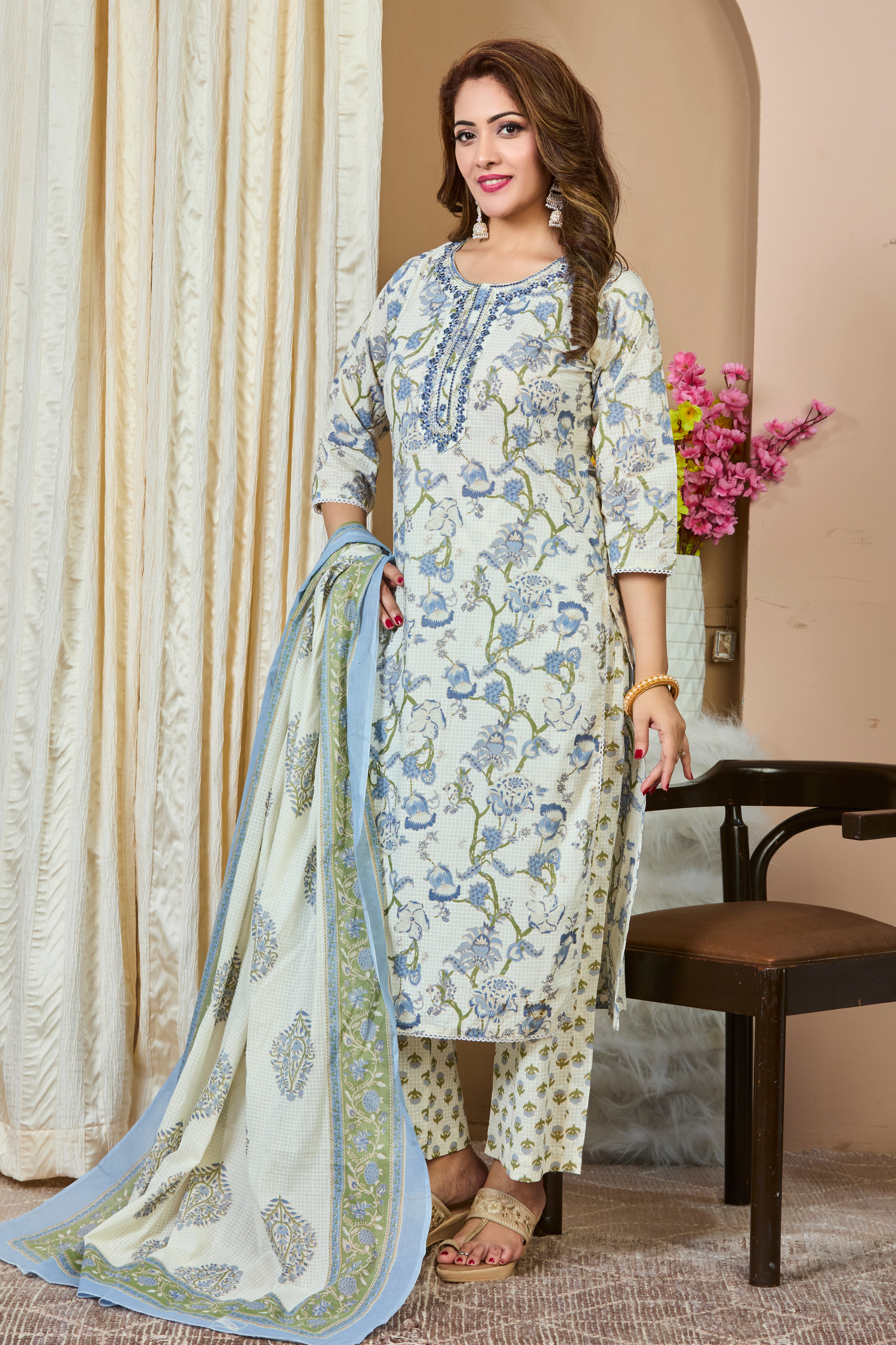 Off-White with Pastel Blue Floral Check Pattern Straight Suit Set with Cotton Dupatta