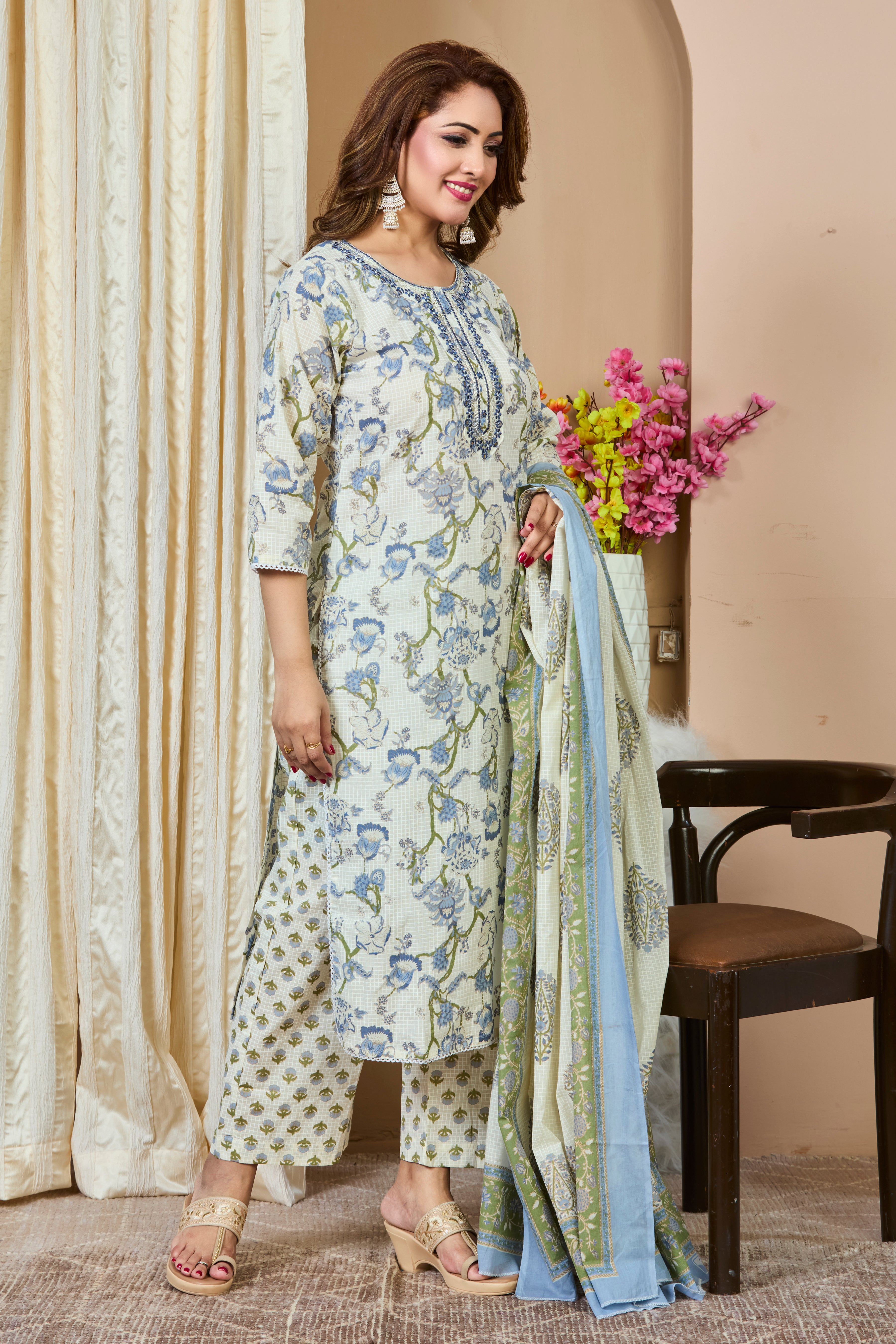 Off-White with Pastel Blue Floral Check Pattern Straight Suit Set with Cotton Dupatta