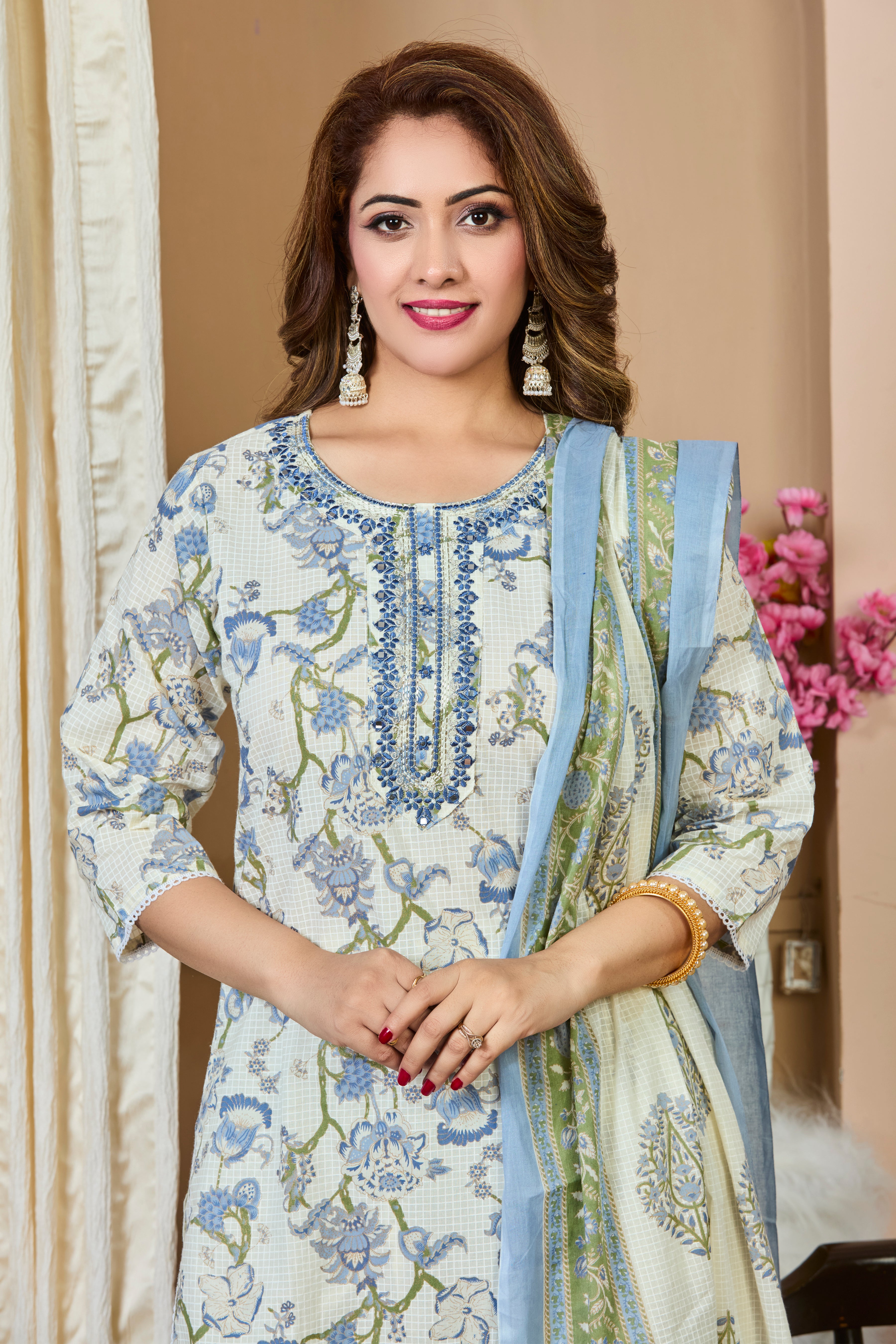 Off-White with Pastel Blue Floral Check Pattern Straight Suit Set with Cotton Dupatta