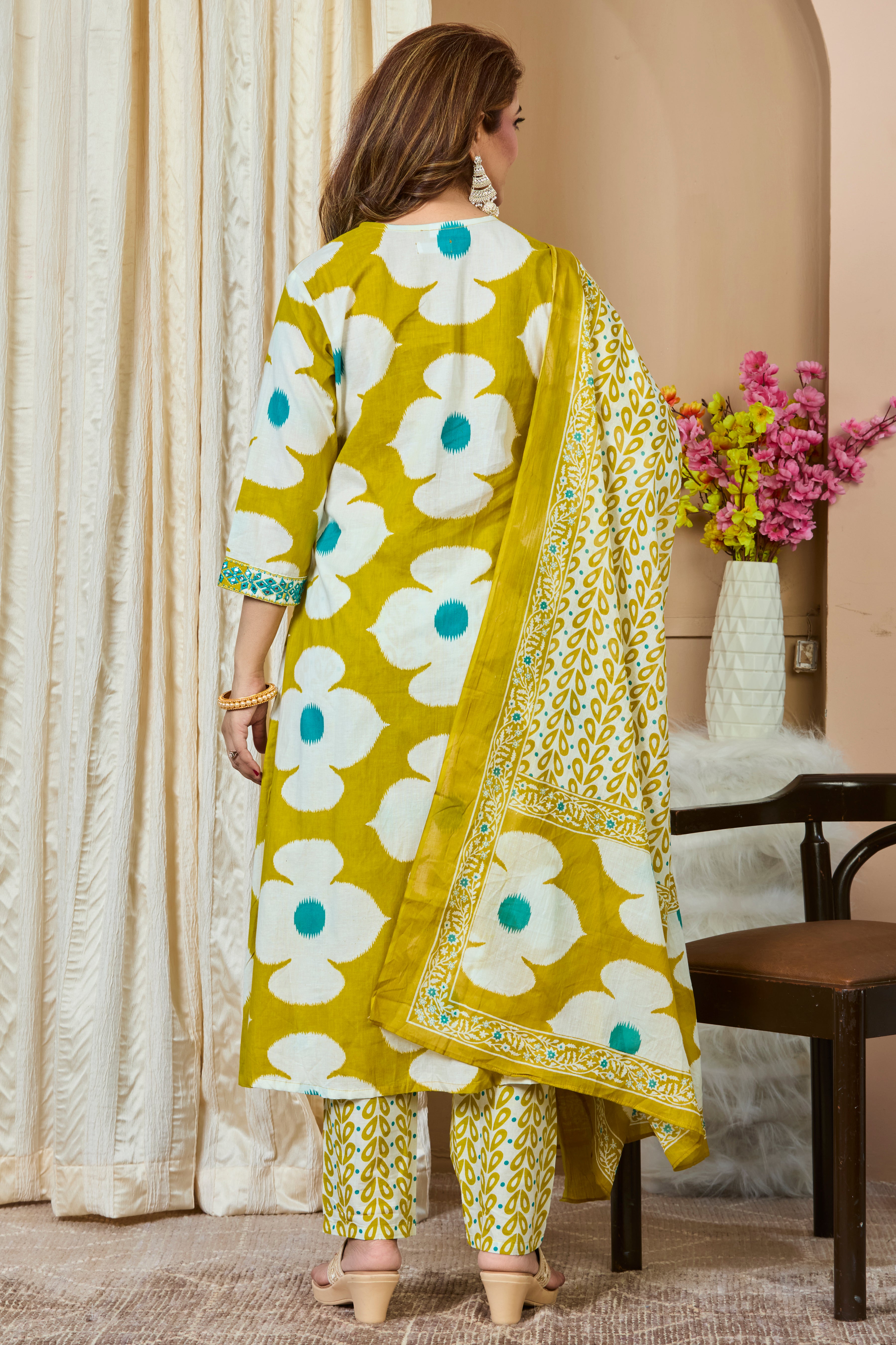 Mustard Yellow Floral Handblock Print A-Line Kurta with Cotton Dupatta