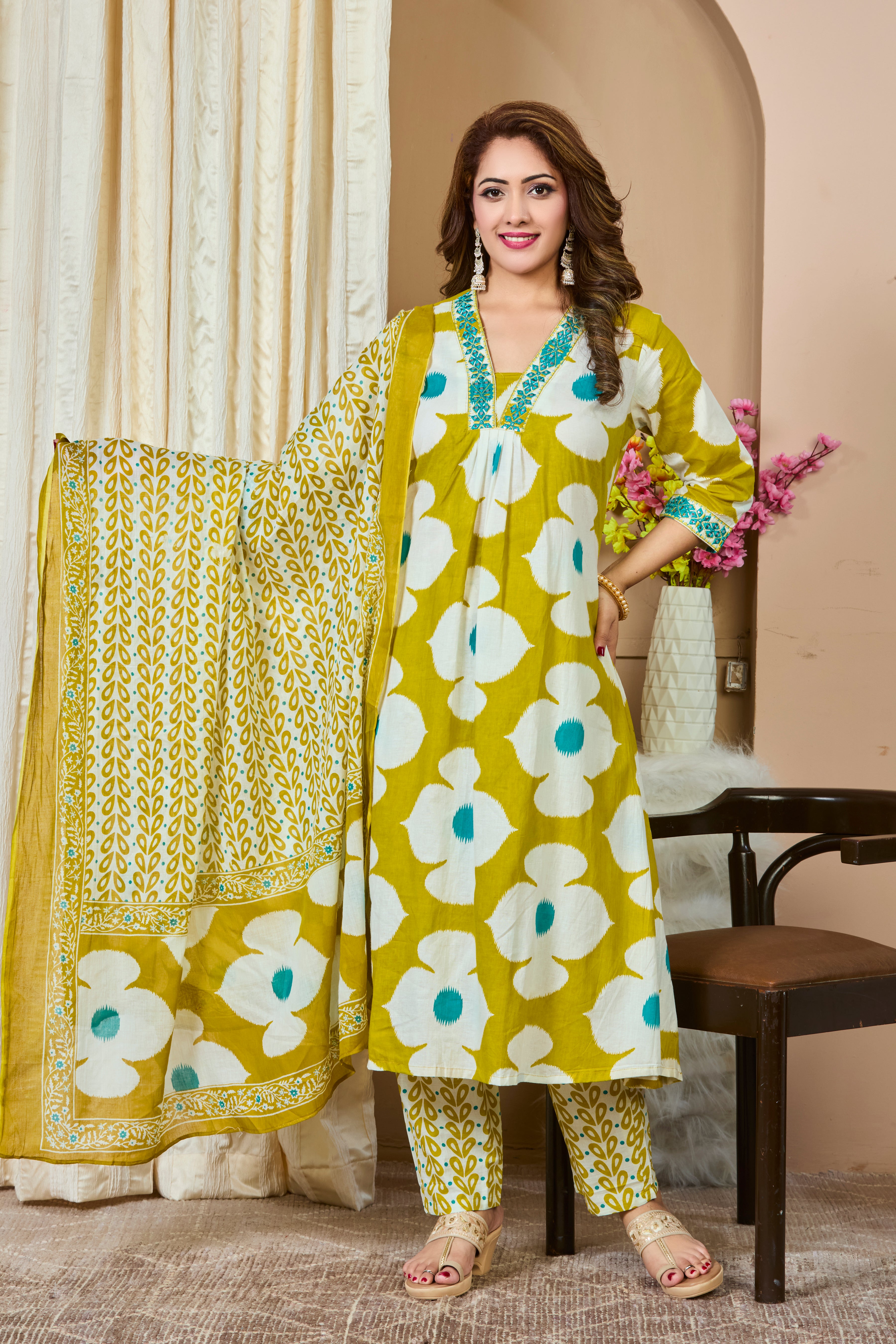 Mustard Yellow Floral Handblock Print A-Line Kurta with Cotton Dupatta