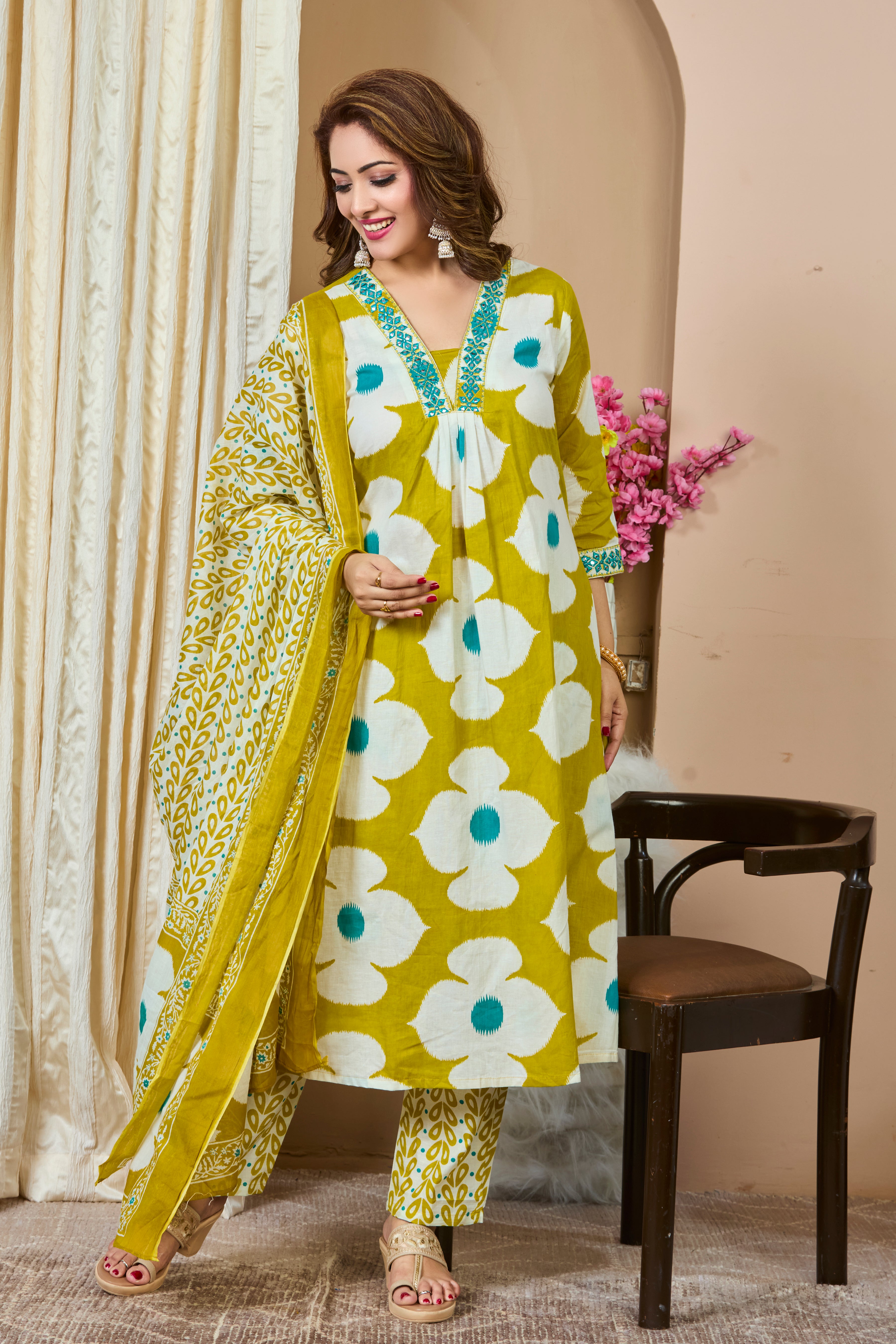 Mustard Yellow Floral Handblock Print A-Line Kurta with Cotton Dupatta