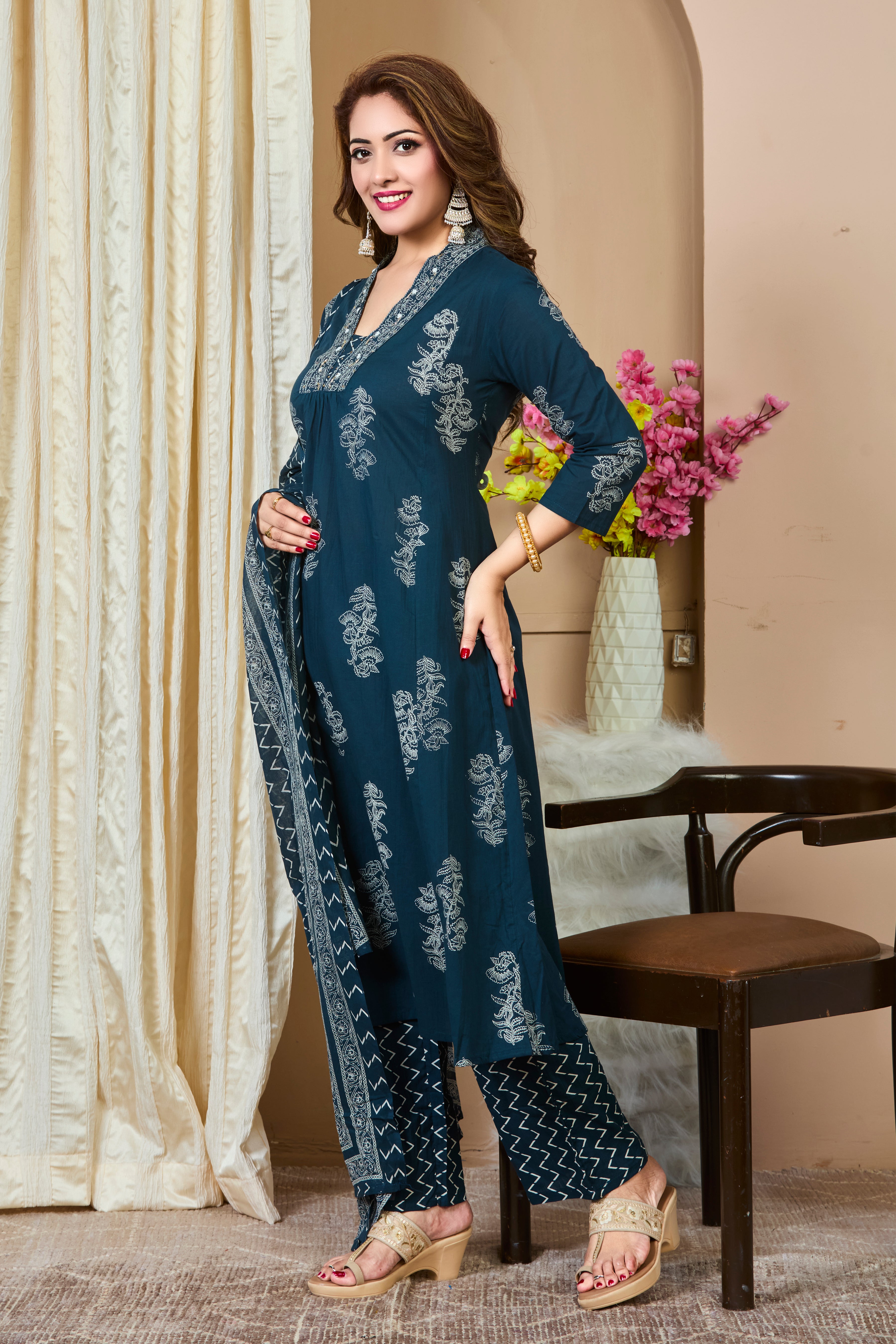 Ocean Teal Hand Block Floral Print A-Line Kurta with White Thread Embroidery & Cotton Dupatta