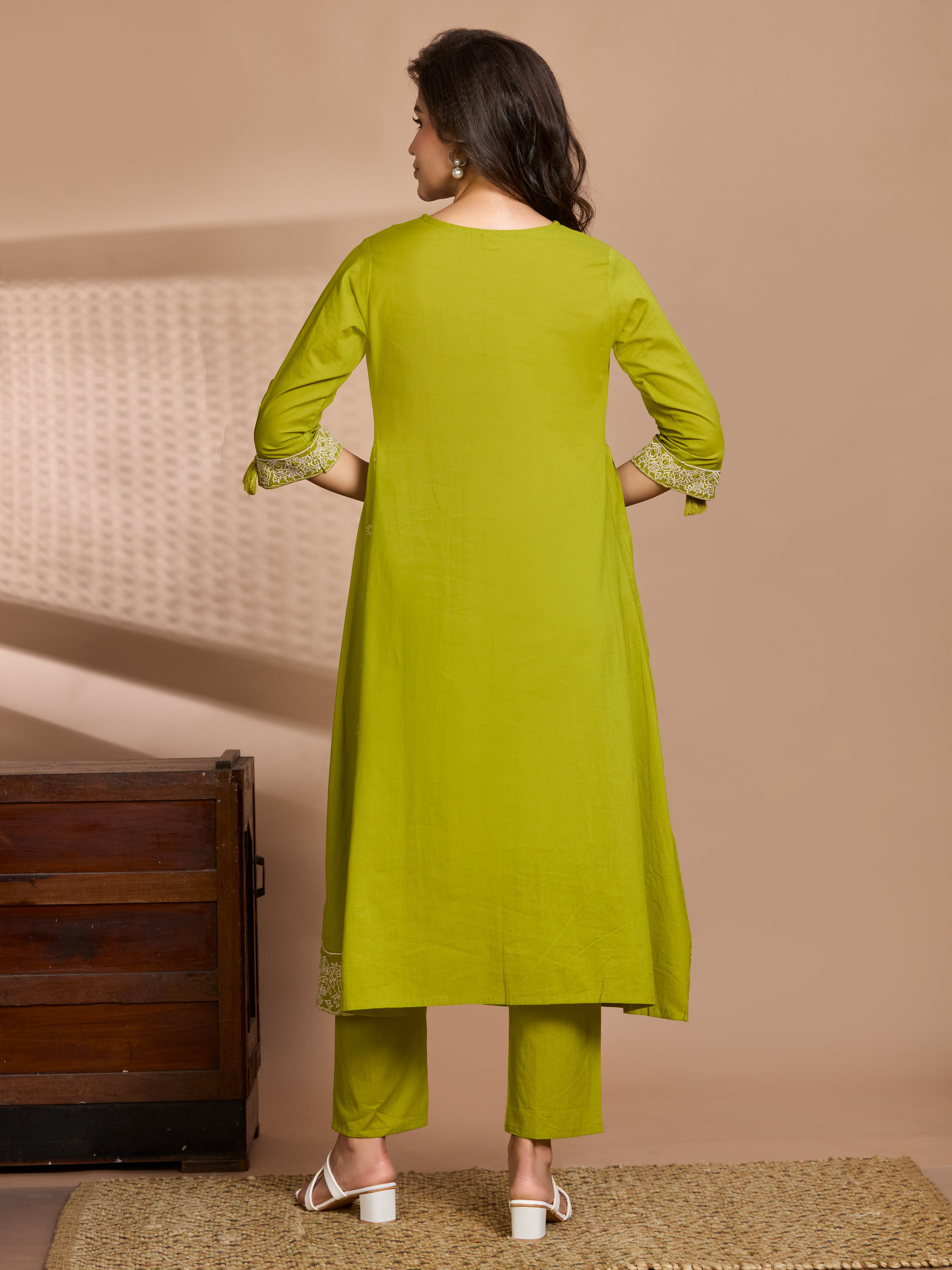 Mehendi Green A-Line Suit Set with Ivory Embroidered Details with Cotton Dupatta