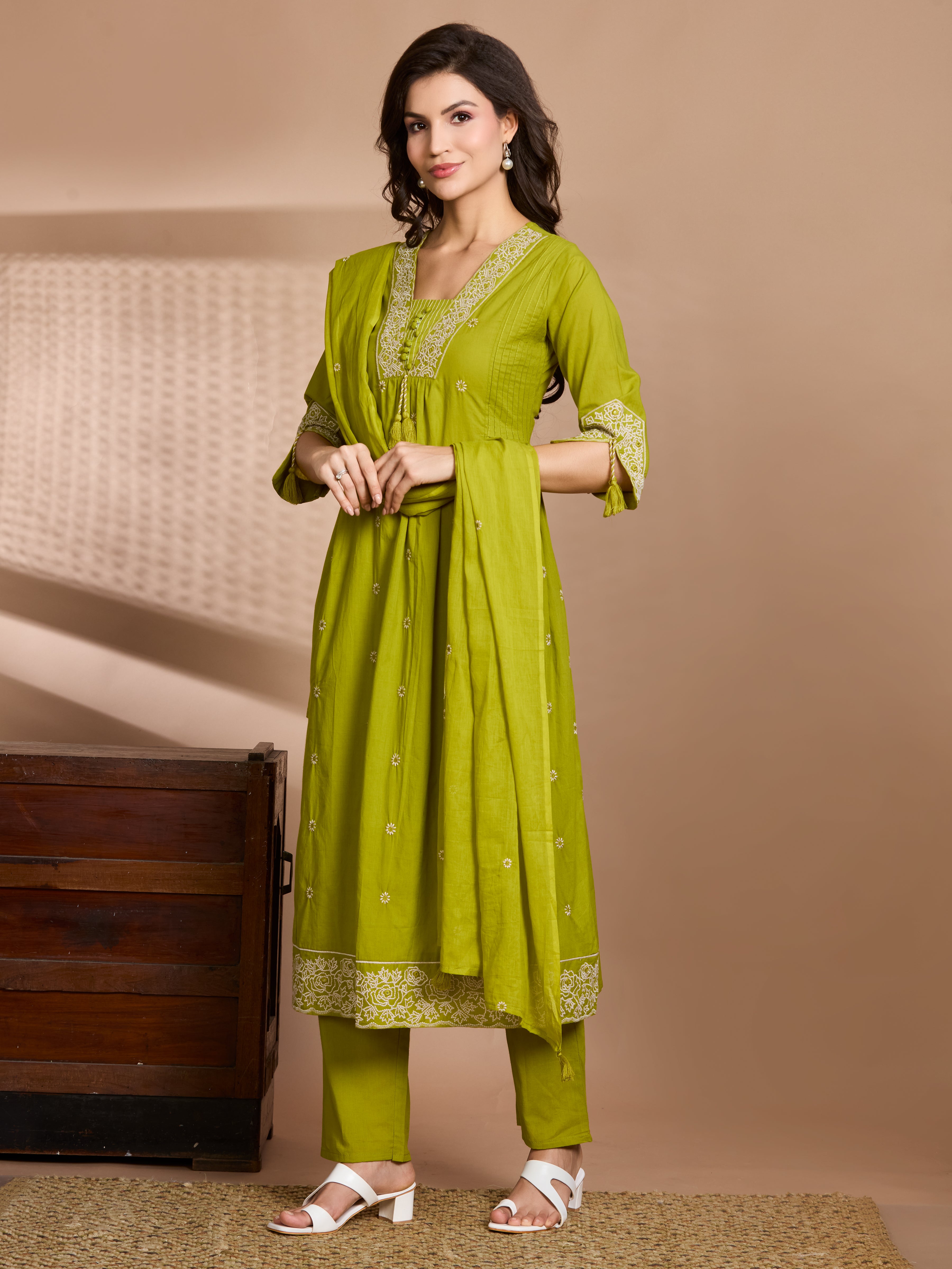 Mehendi Green A-Line Suit Set with Ivory Embroidered Details with Cotton Dupatta