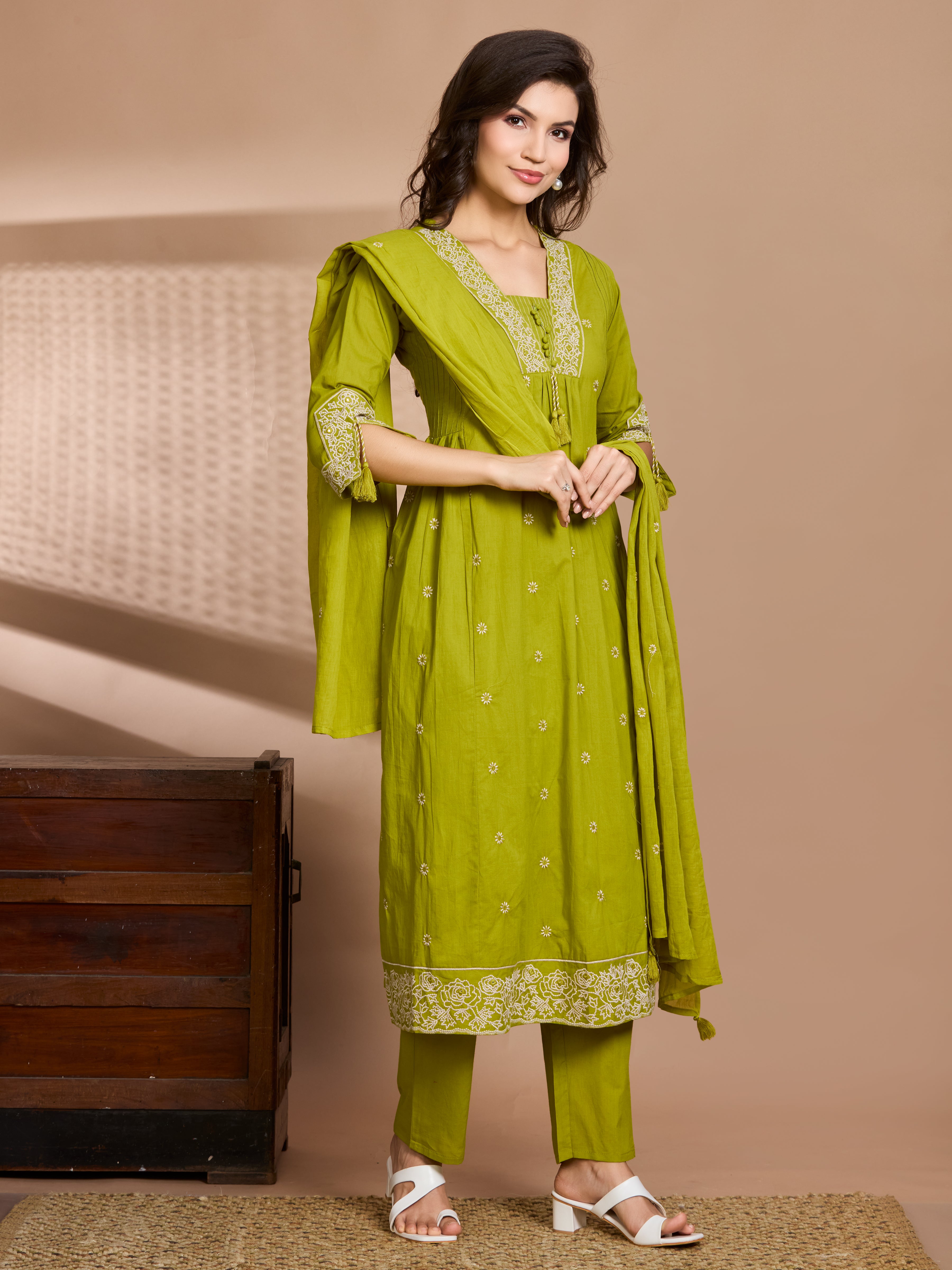 Mehendi Green A-Line Suit Set with Ivory Embroidered Details with Cotton Dupatta