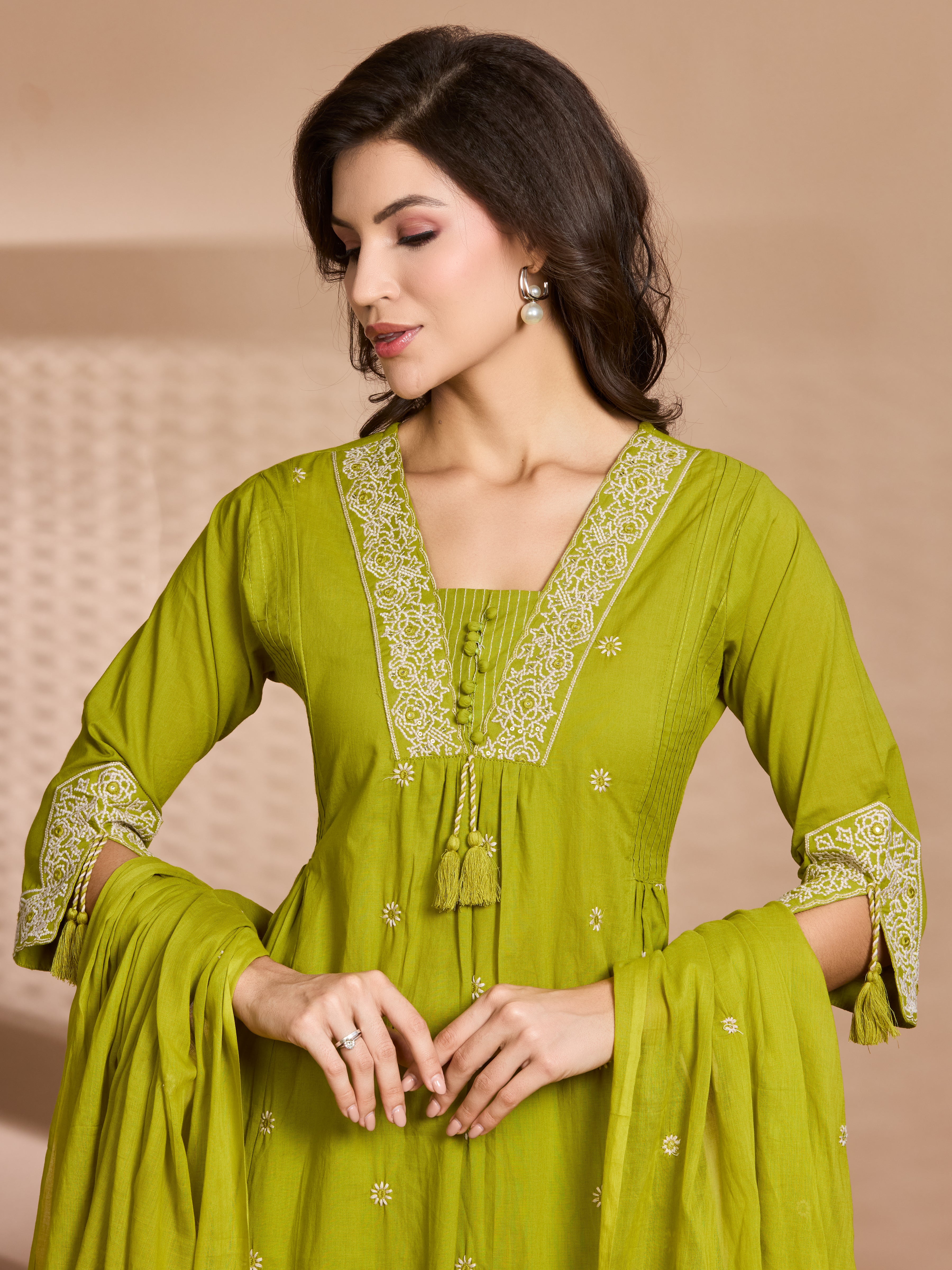 Mehendi Green A-Line Suit Set with Ivory Embroidered Details with Cotton Dupatta