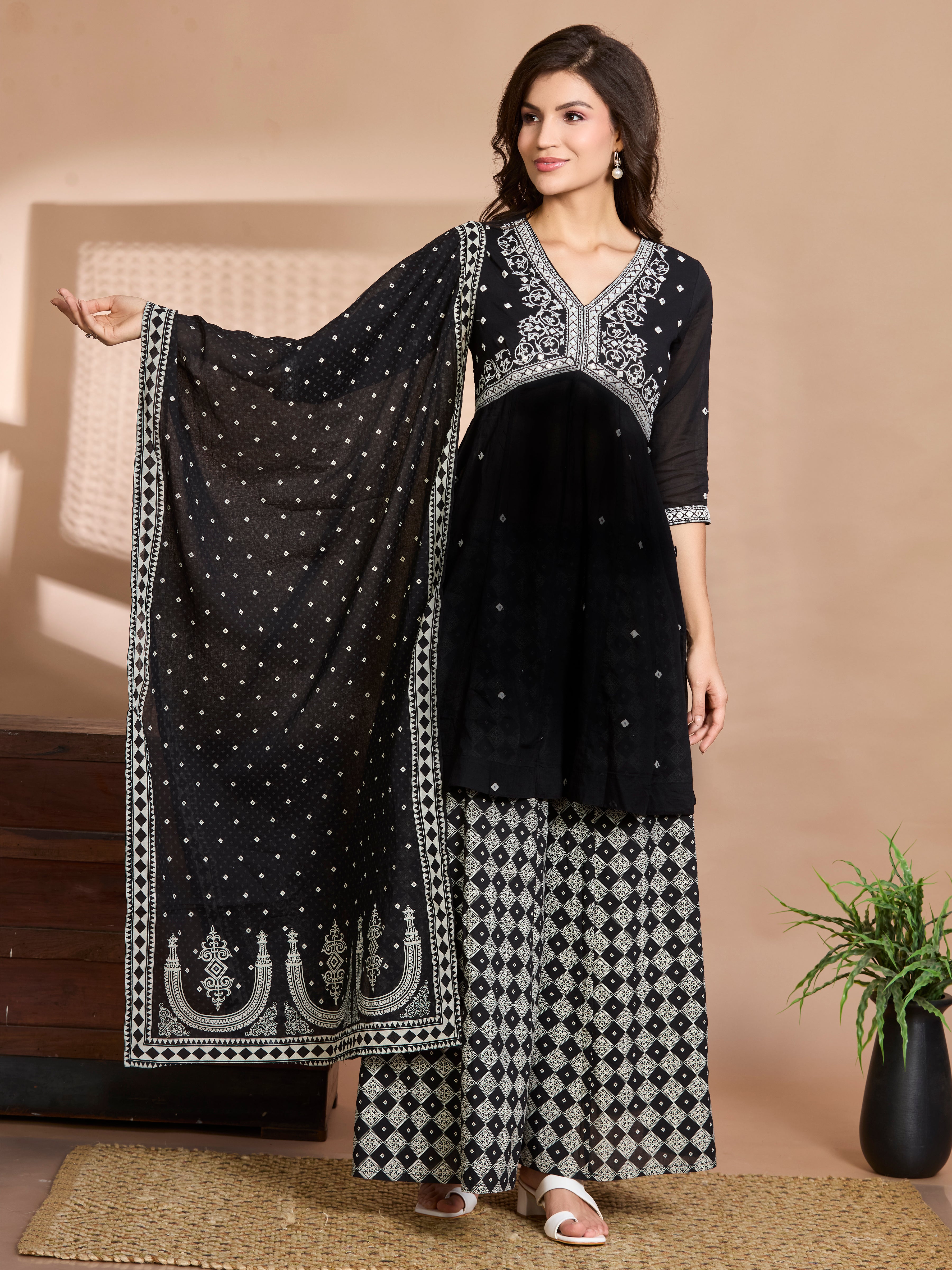 Midnight Charm Straight Suit Set with White Embroidery & Block Prints with Cotton Dupatta