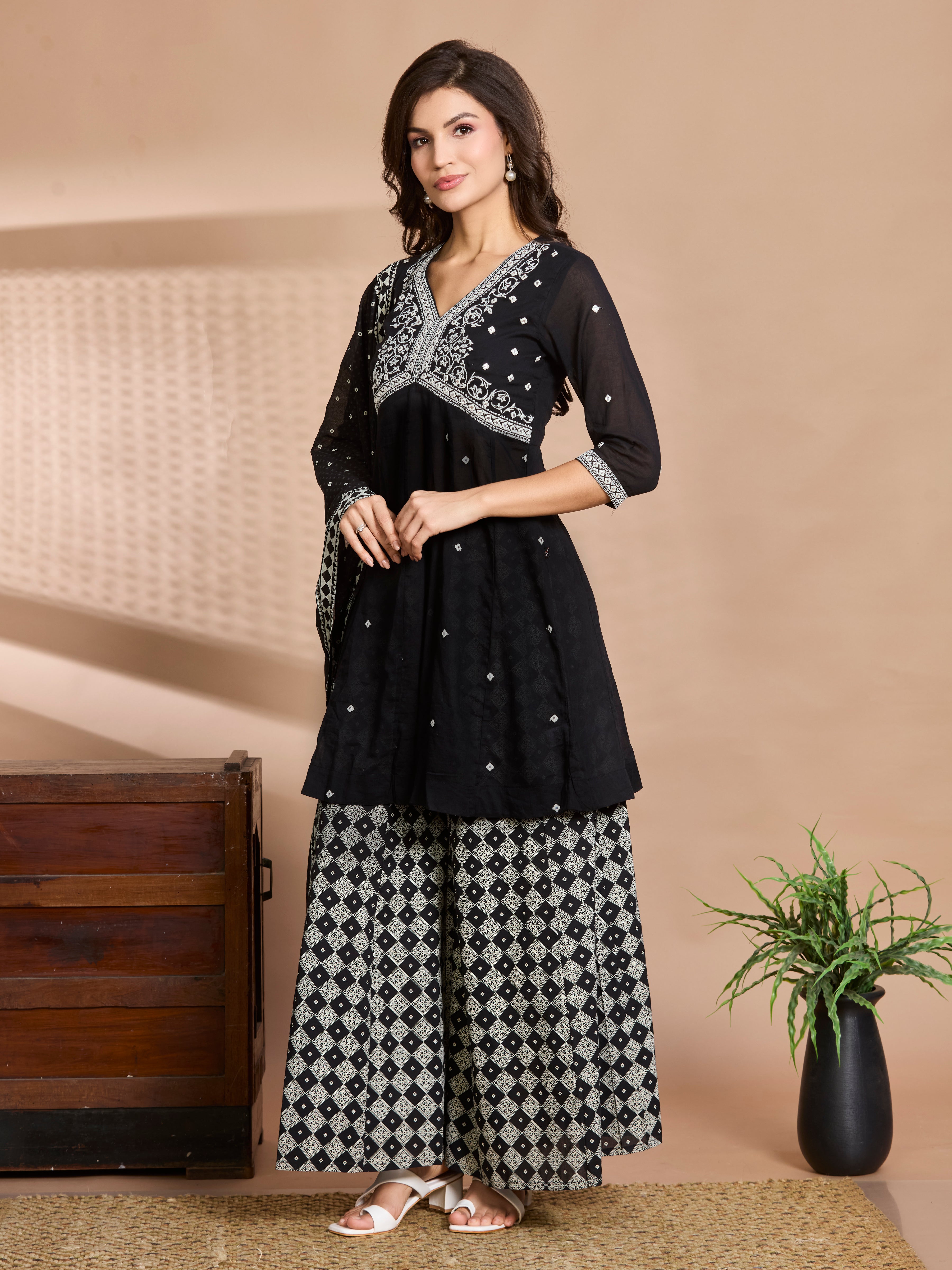 Midnight Charm Straight Suit Set with White Embroidery & Block Prints with Cotton Dupatta