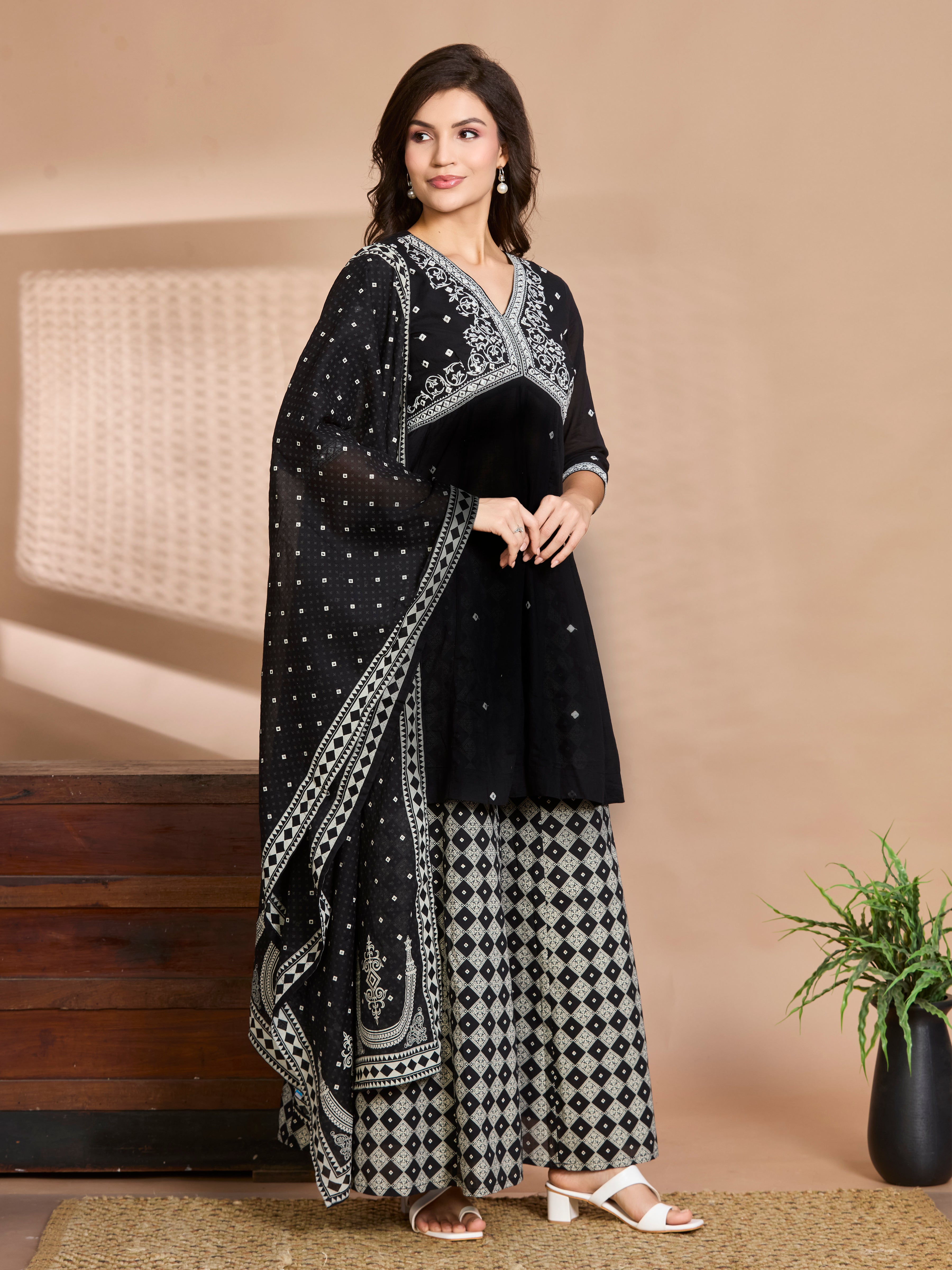 Midnight Charm Straight Suit Set with White Embroidery & Block Prints with Cotton Dupatta