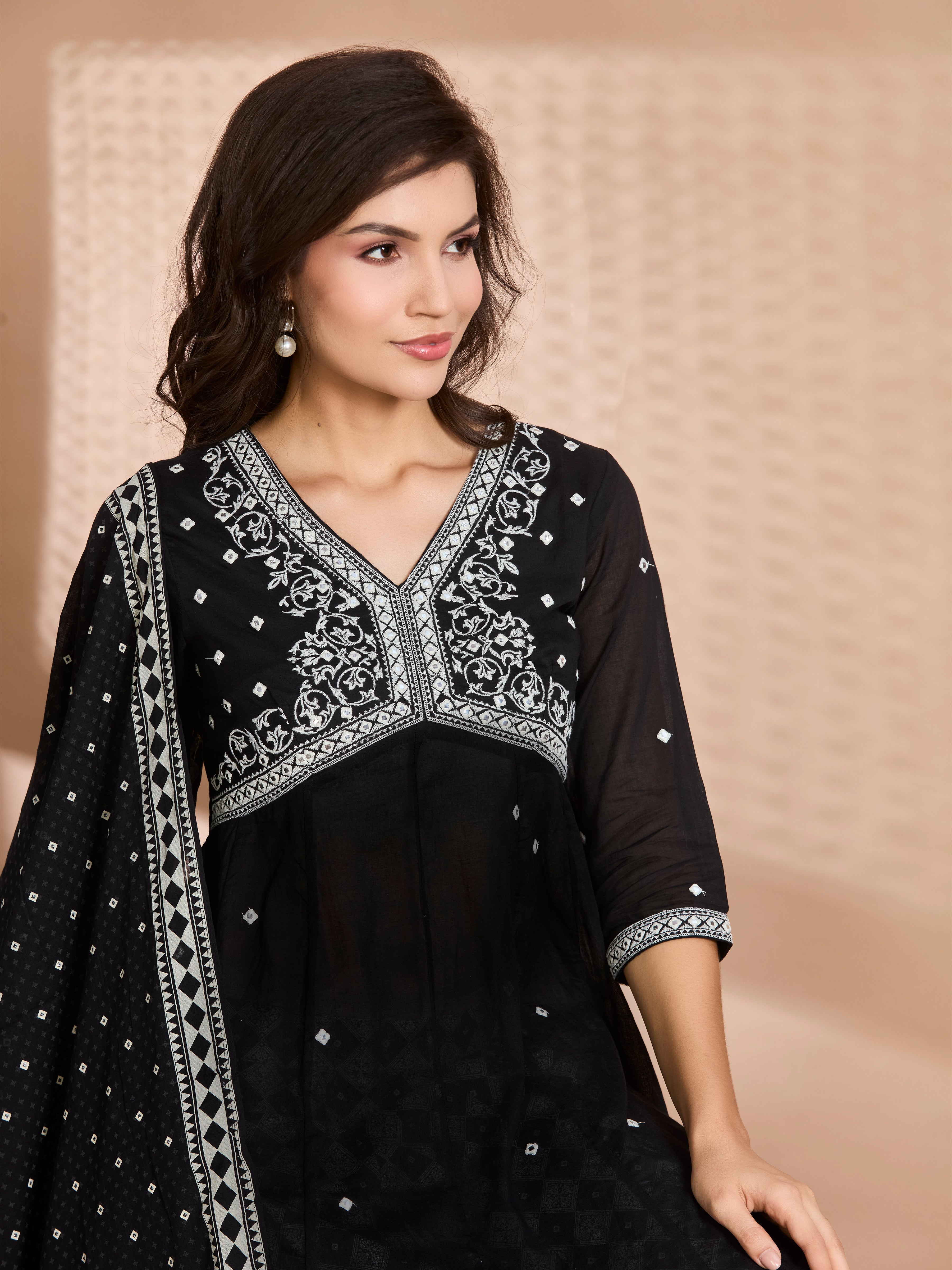 Midnight Charm Straight Suit Set with White Embroidery & Block Prints with Cotton Dupatta