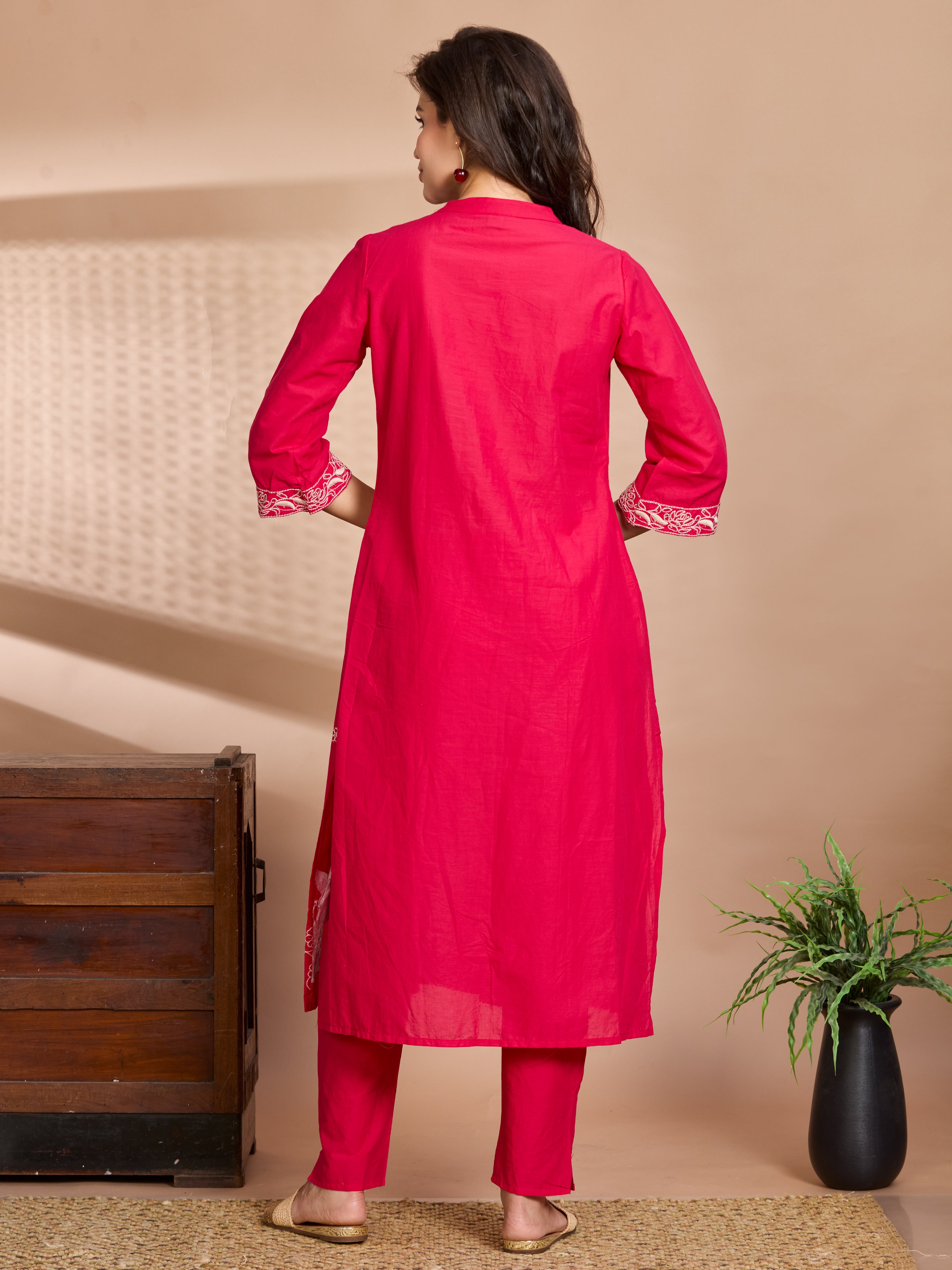 Fuchsia Elegance A-Line Suit Set with Ivory Embroidered Details & Cotton Dupatta