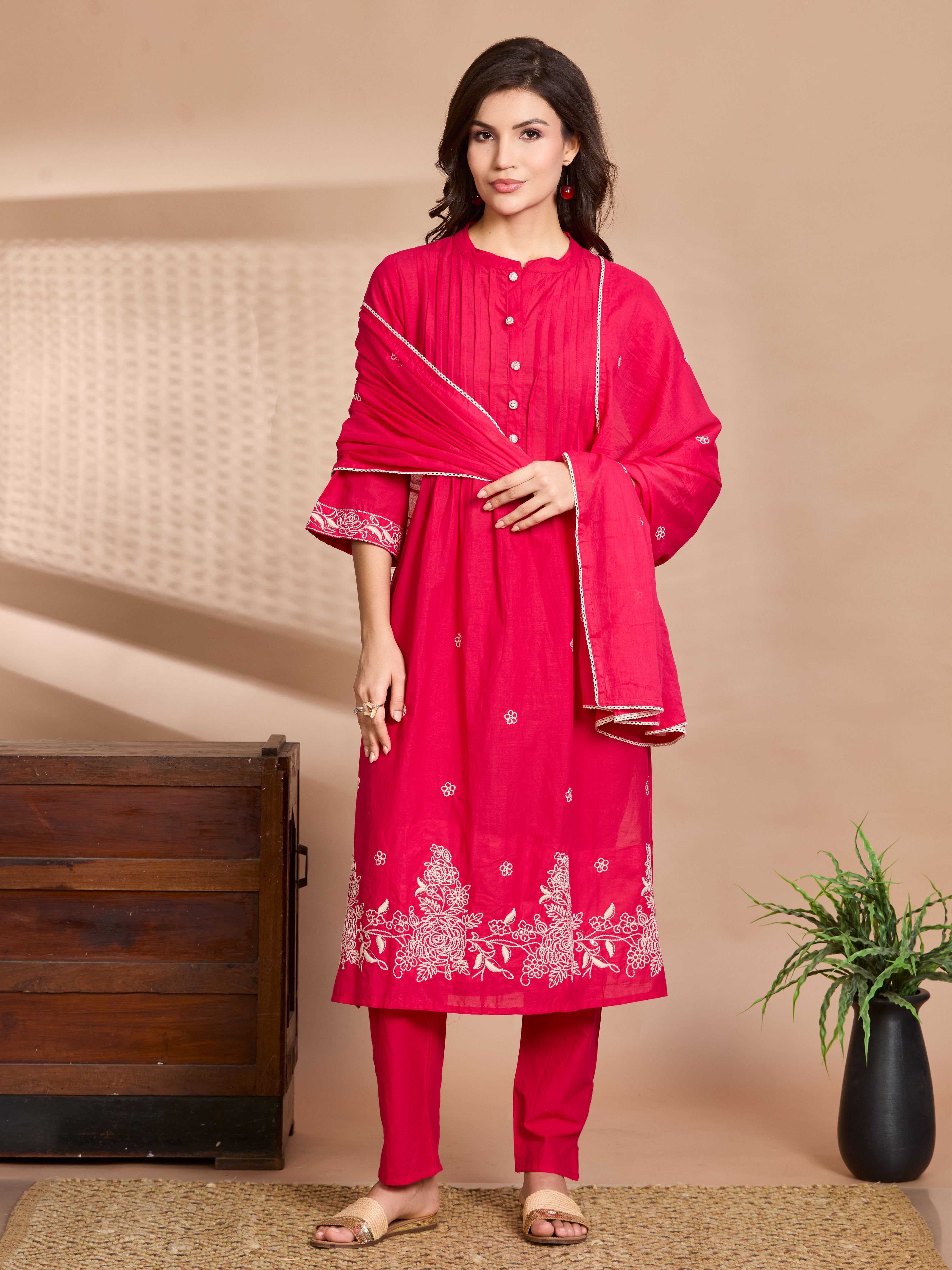 Fuchsia Elegance A-Line Suit Set with Ivory Embroidered Details & Cotton Dupatta