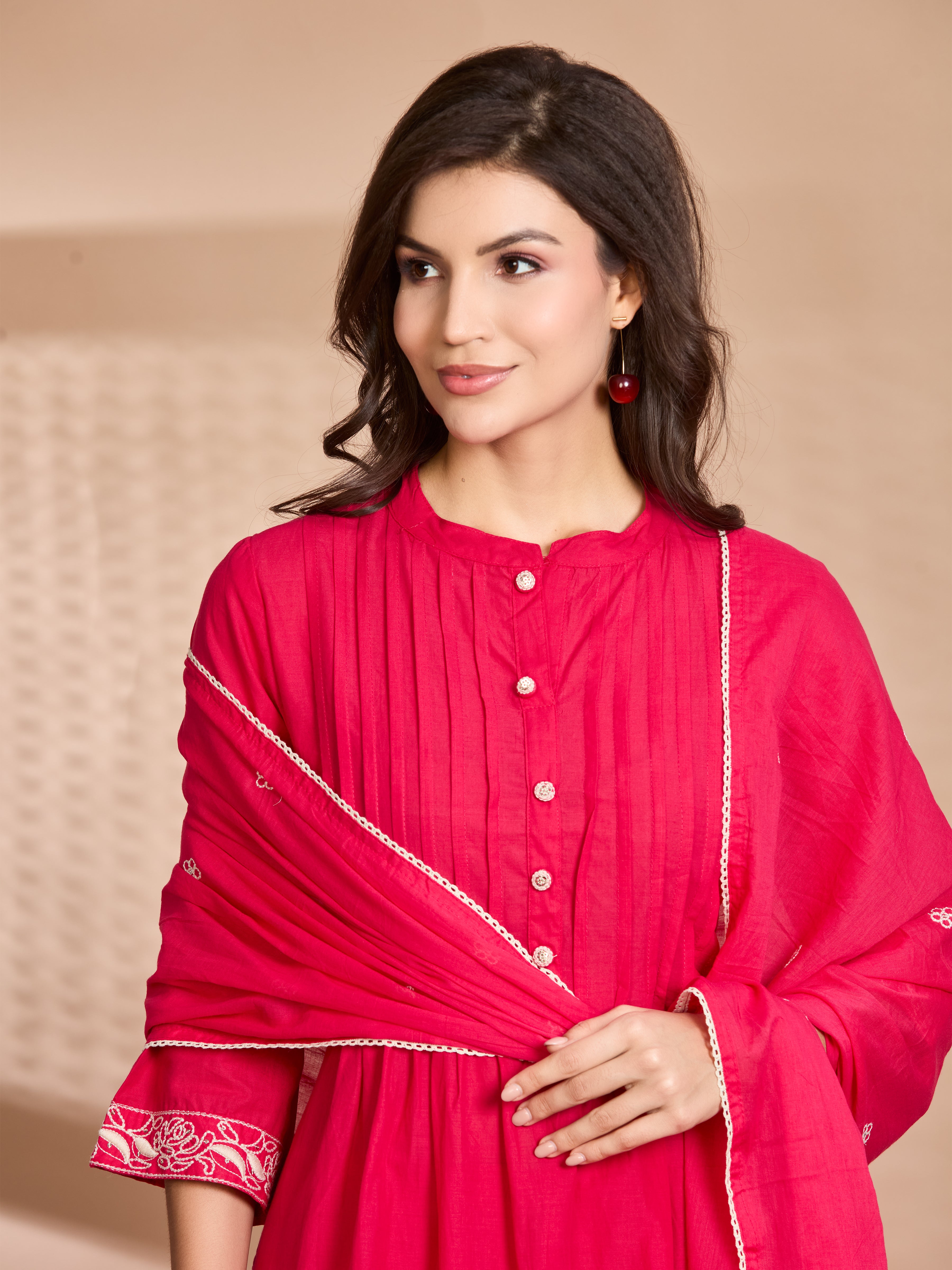 Fuchsia Elegance A-Line Suit Set with Ivory Embroidered Details & Cotton Dupatta