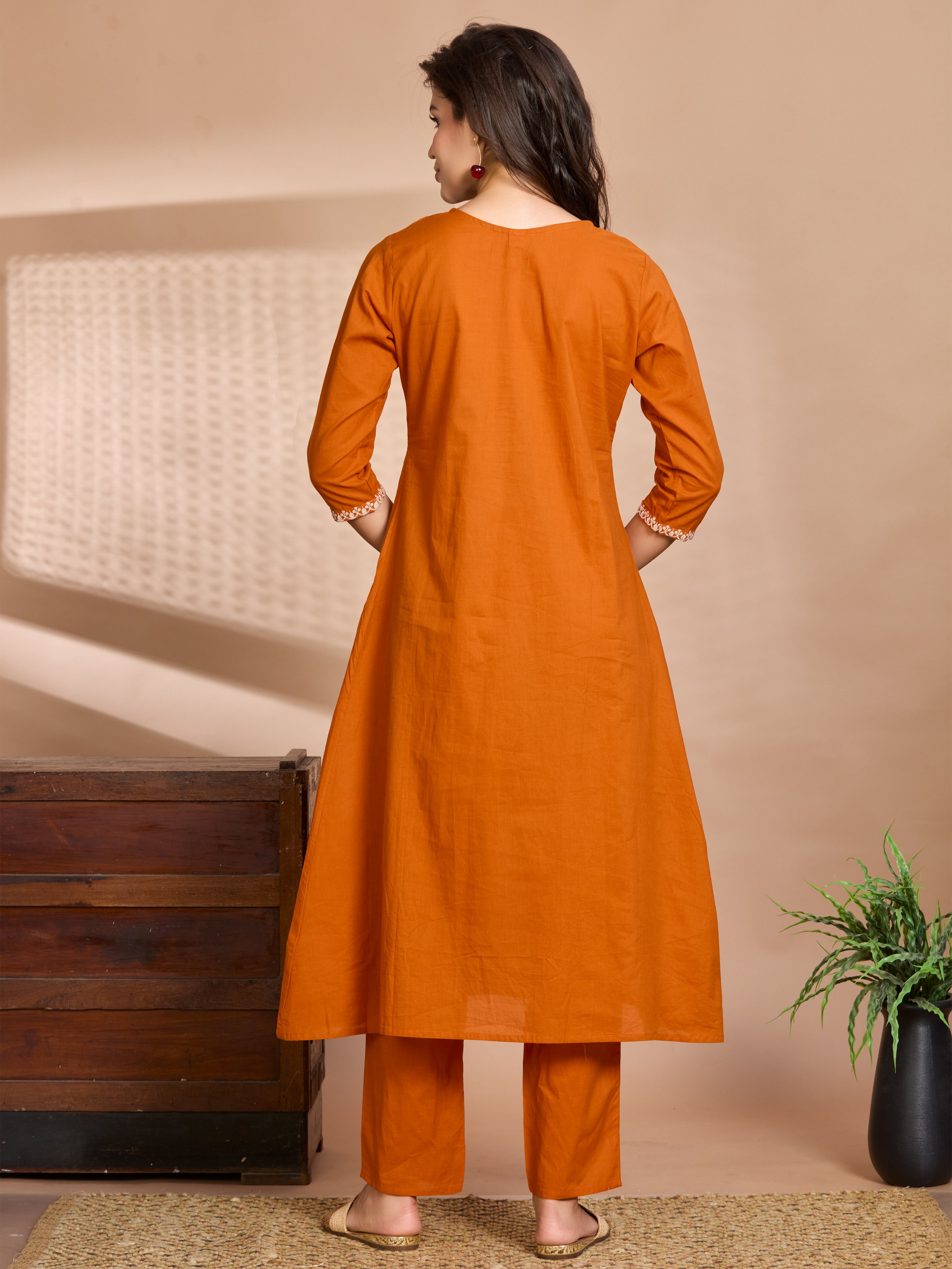 Tangerine Glow A-Line Suit Set with Ivory Embroidered Details with Cotton Dupatta