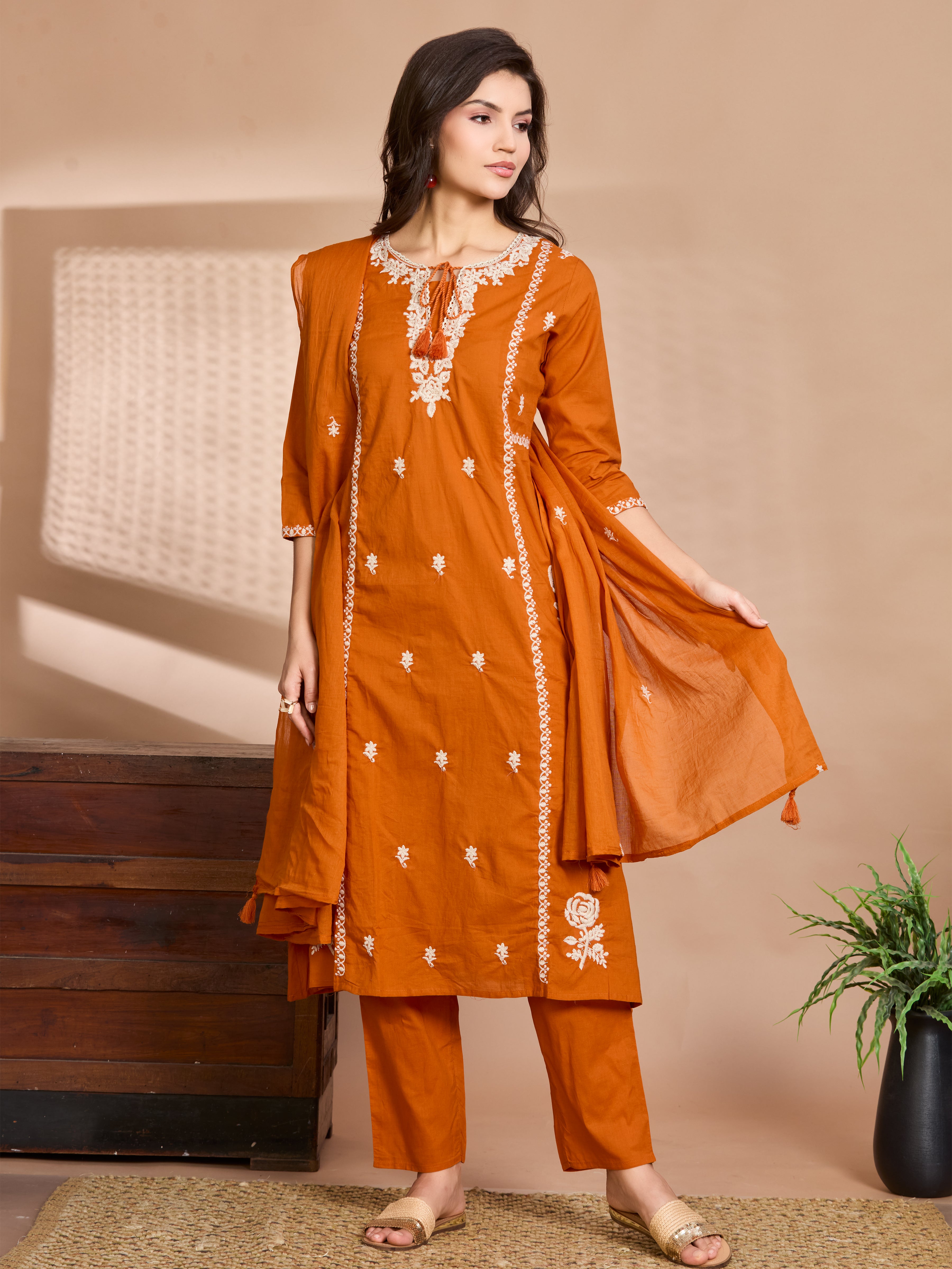 Tangerine Glow A-Line Suit Set with Ivory Embroidered Details with Cotton Dupatta