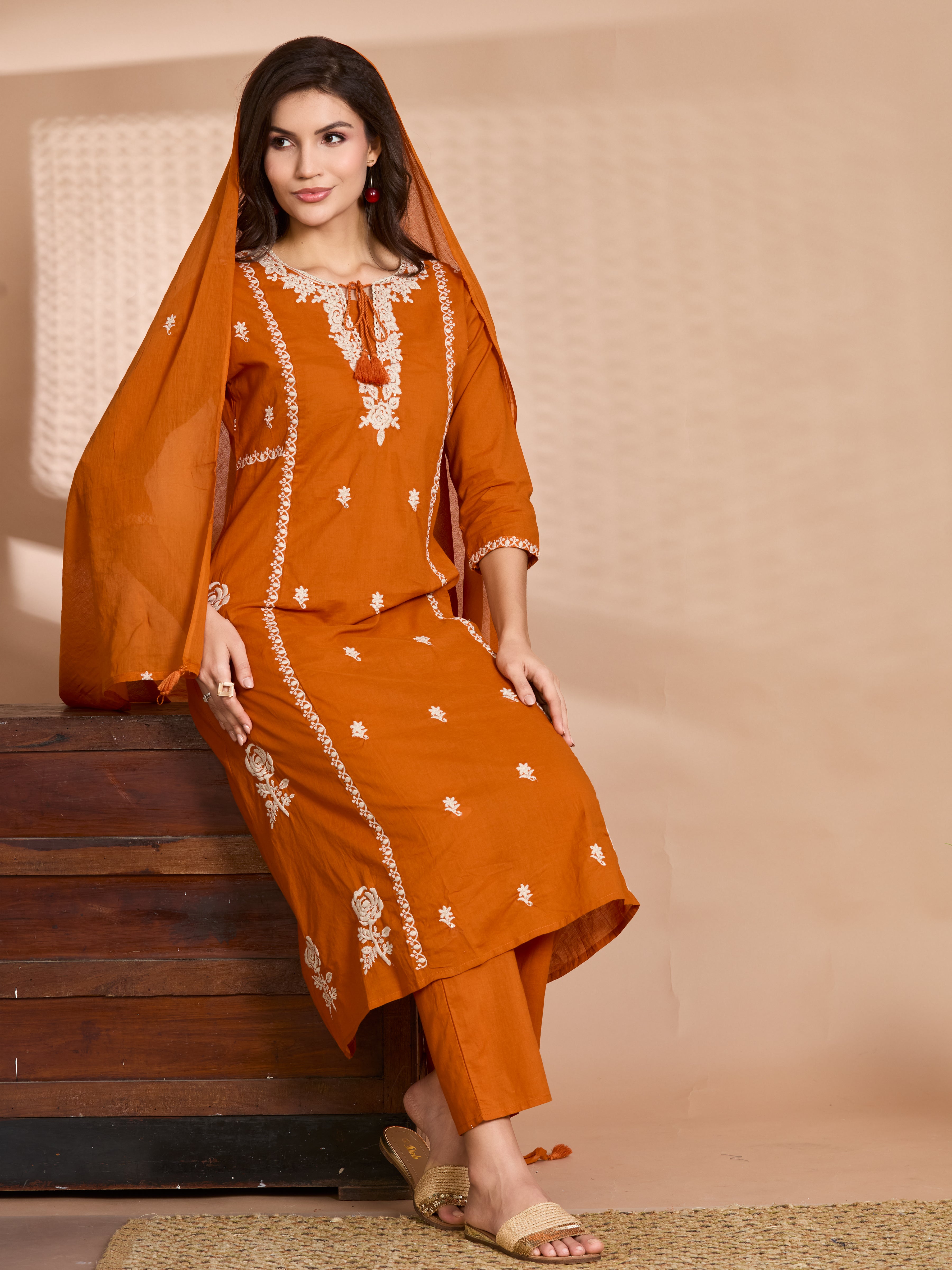 Tangerine Glow A-Line Suit Set with Ivory Embroidered Details with Cotton Dupatta