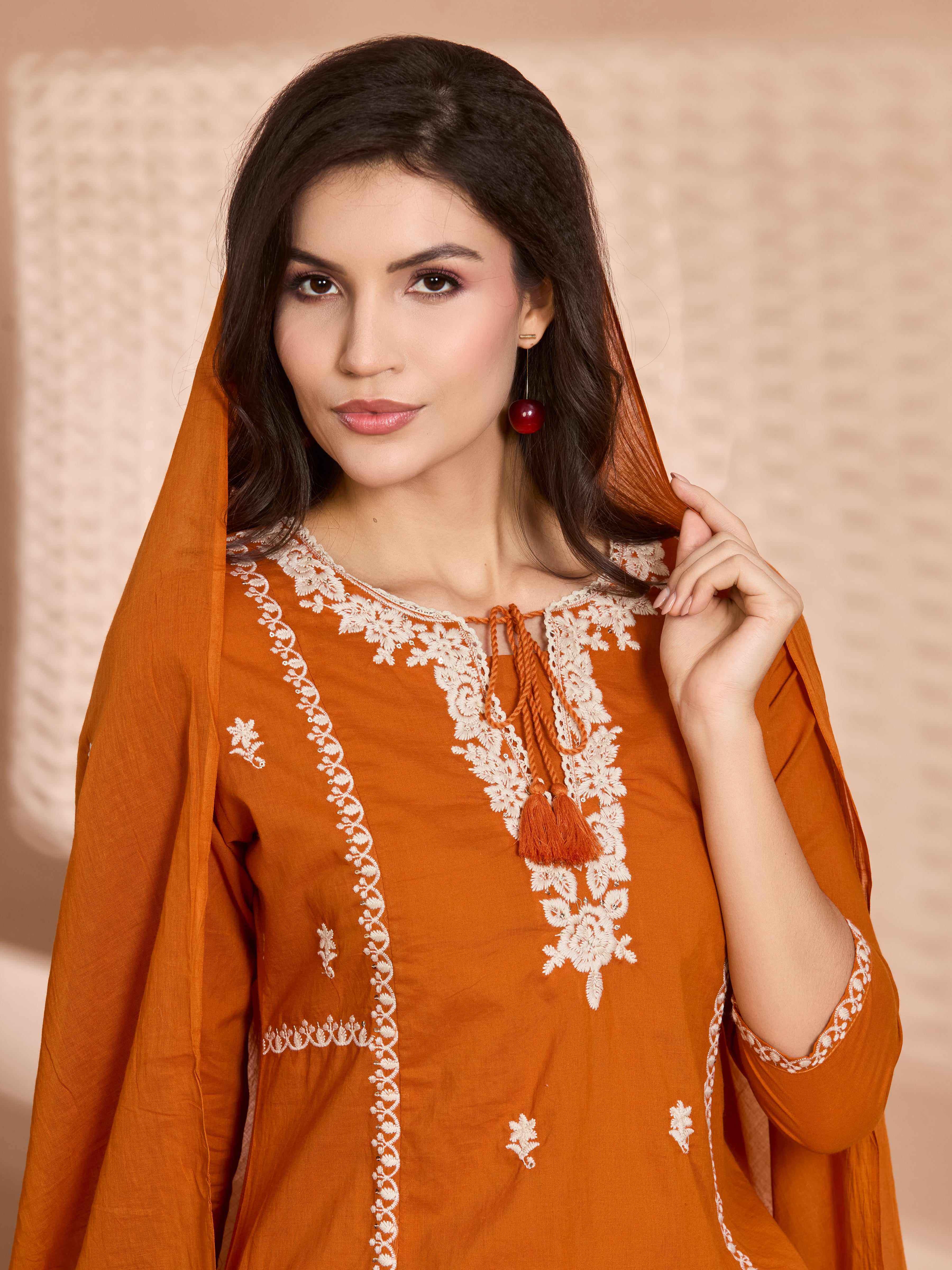 Tangerine Glow A-Line Suit Set with Ivory Embroidered Details with Cotton Dupatta