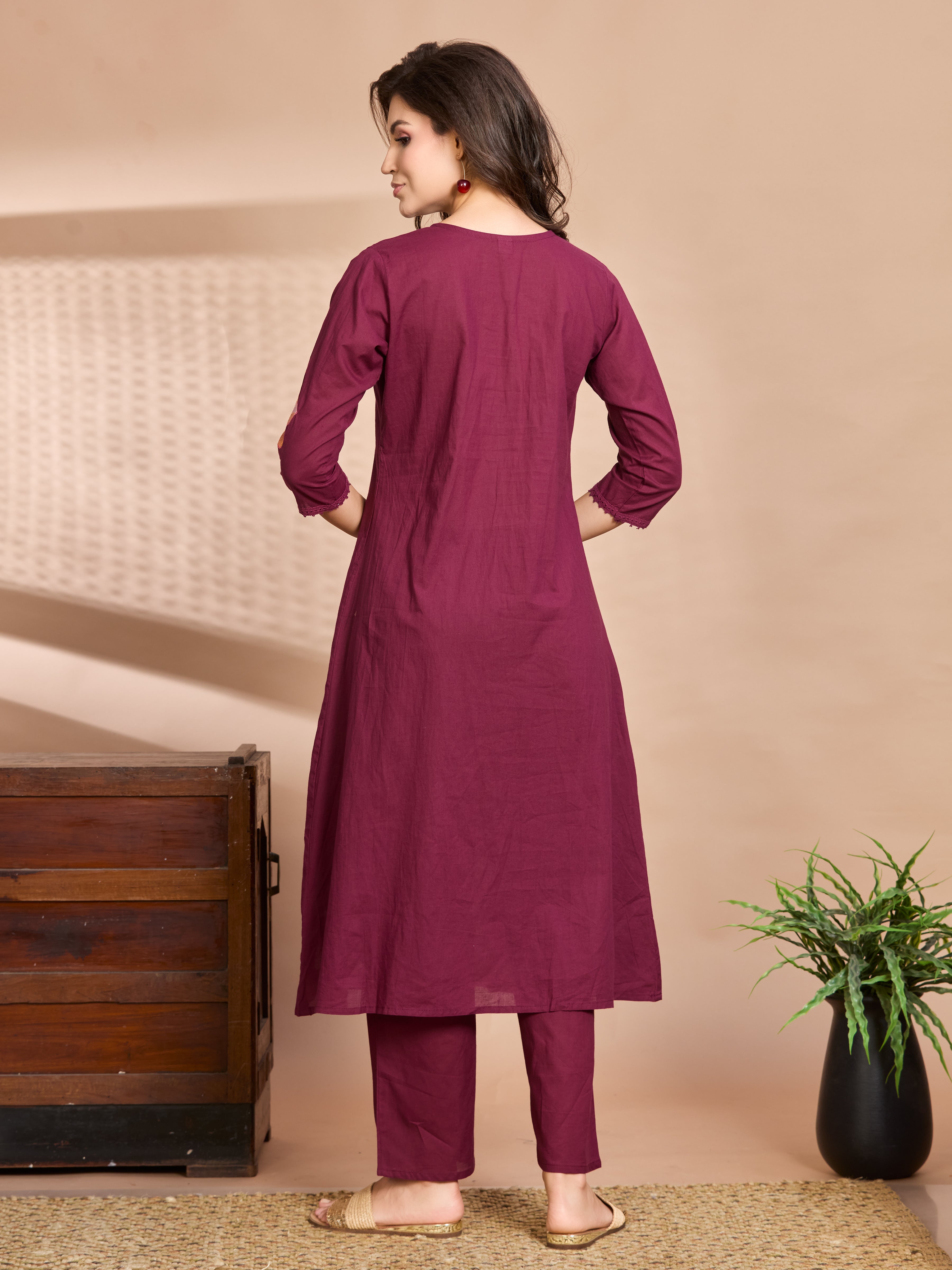 Burgundy Charm A-Line Suit Set with Multicolour Embroidered Details with Cotton Dupatta