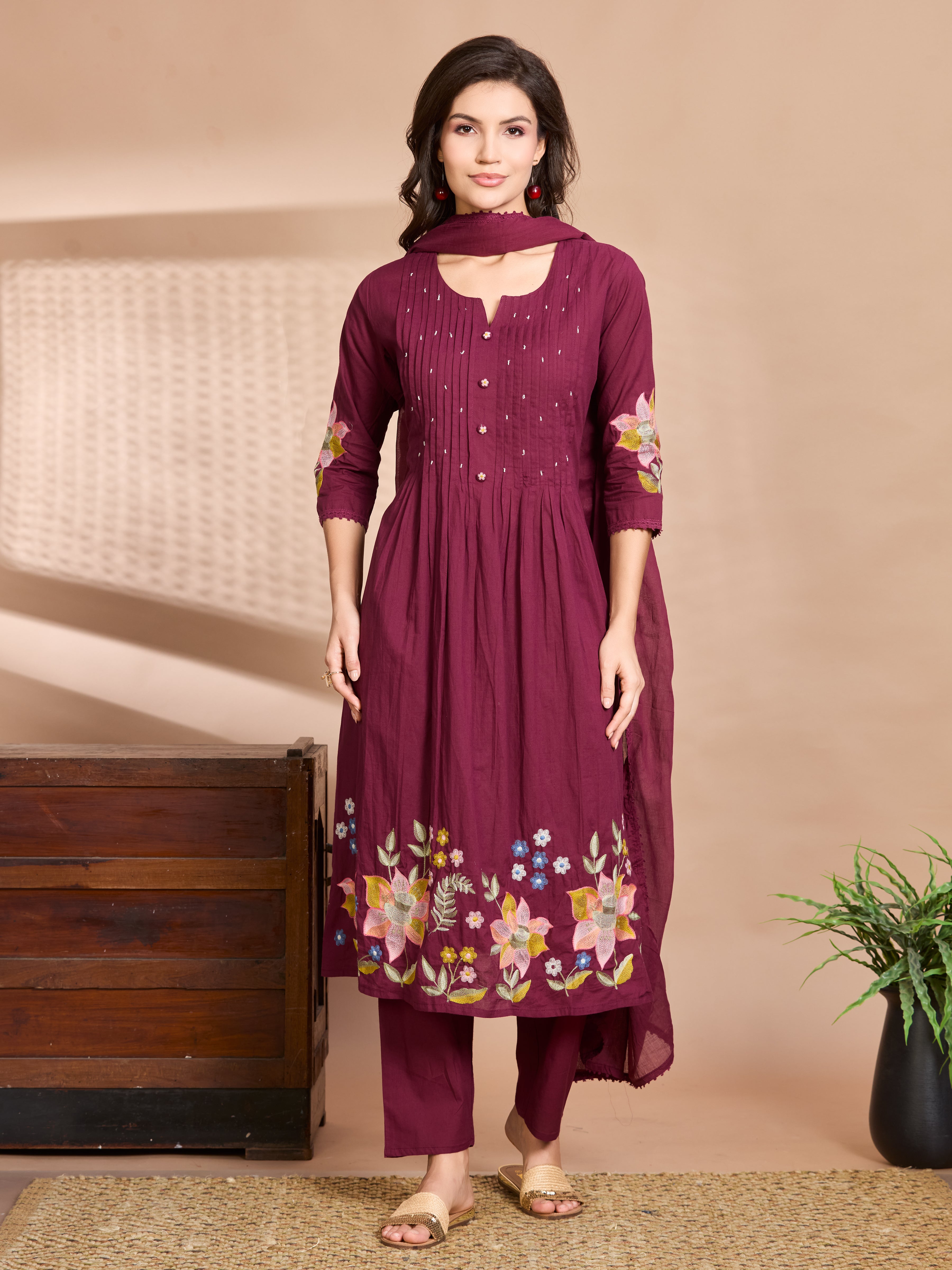 Burgundy Charm A-Line Suit Set with Multicolour Embroidered Details with Cotton Dupatta