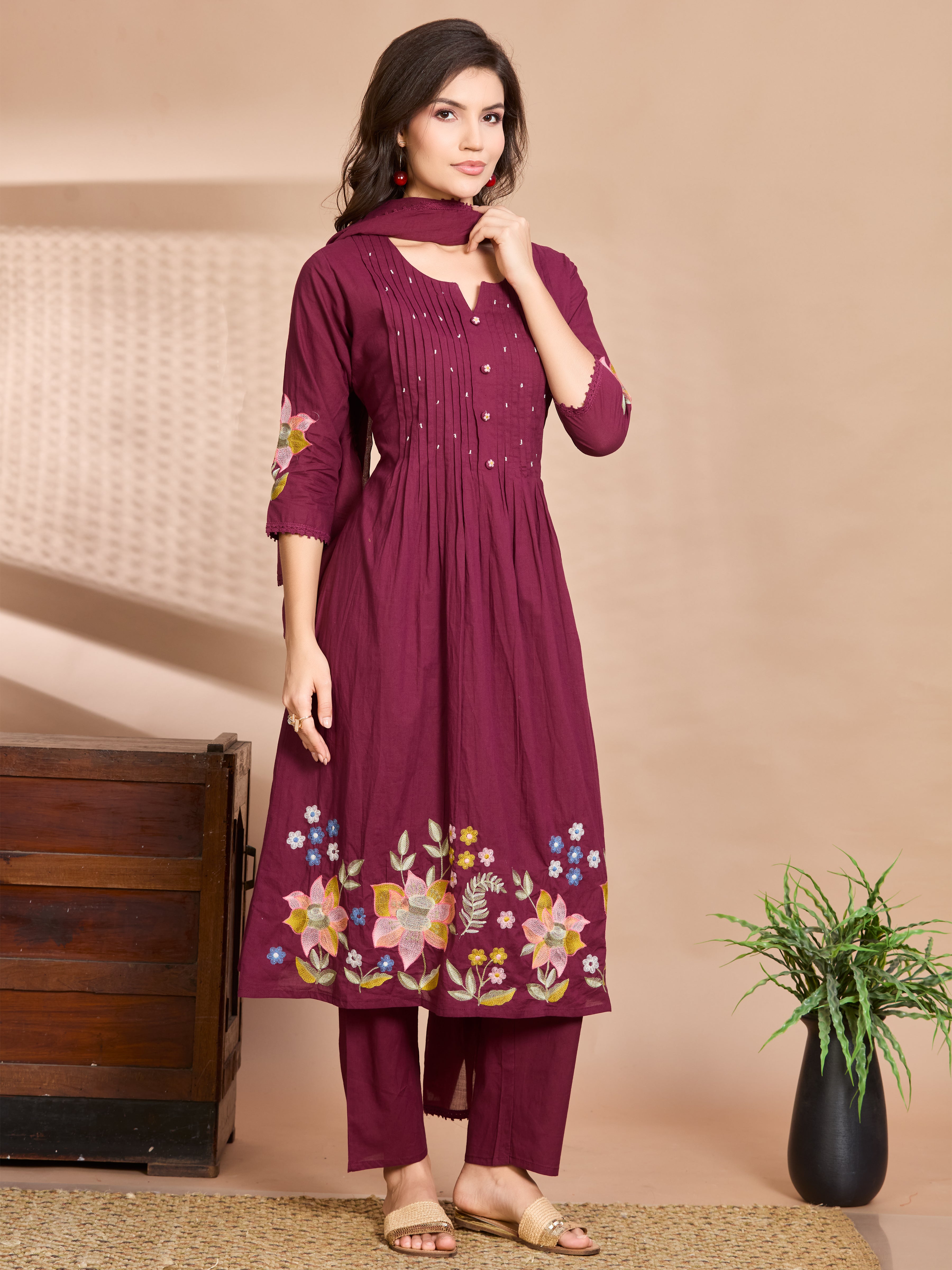 Burgundy Charm A-Line Suit Set with Multicolour Embroidered Details with Cotton Dupatta