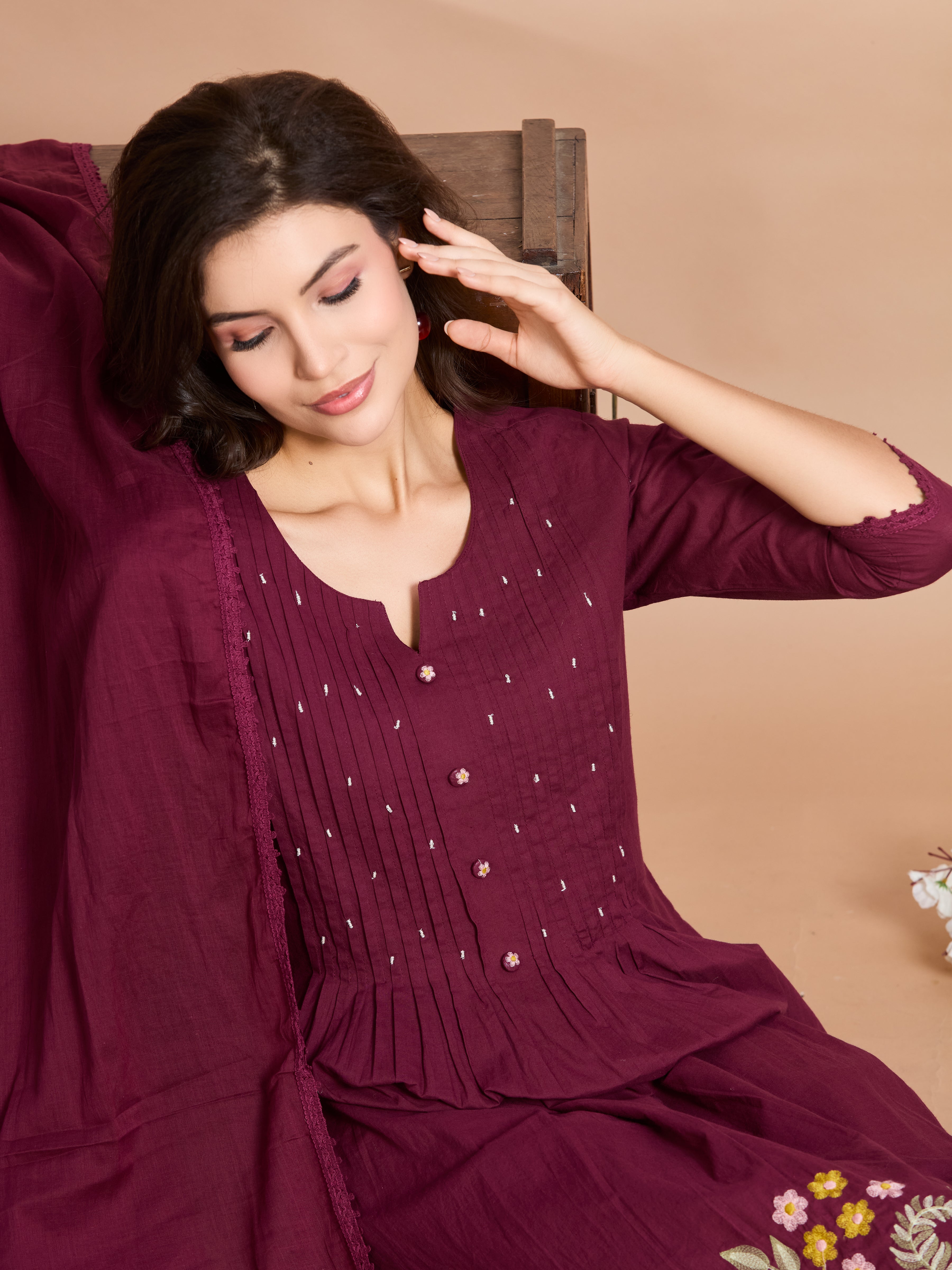 Burgundy Charm A-Line Suit Set with Multicolour Embroidered Details with Cotton Dupatta