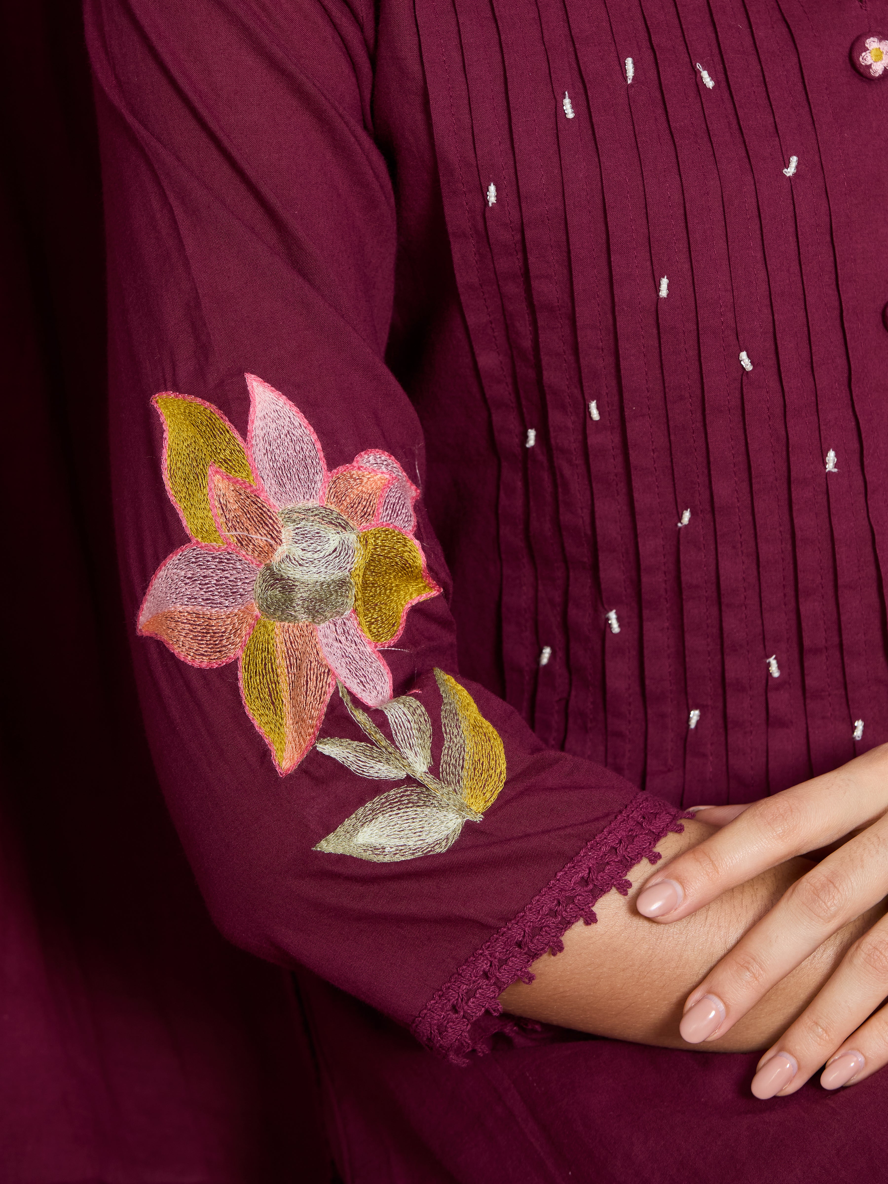 Burgundy Charm A-Line Suit Set with Multicolour Embroidered Details with Cotton Dupatta