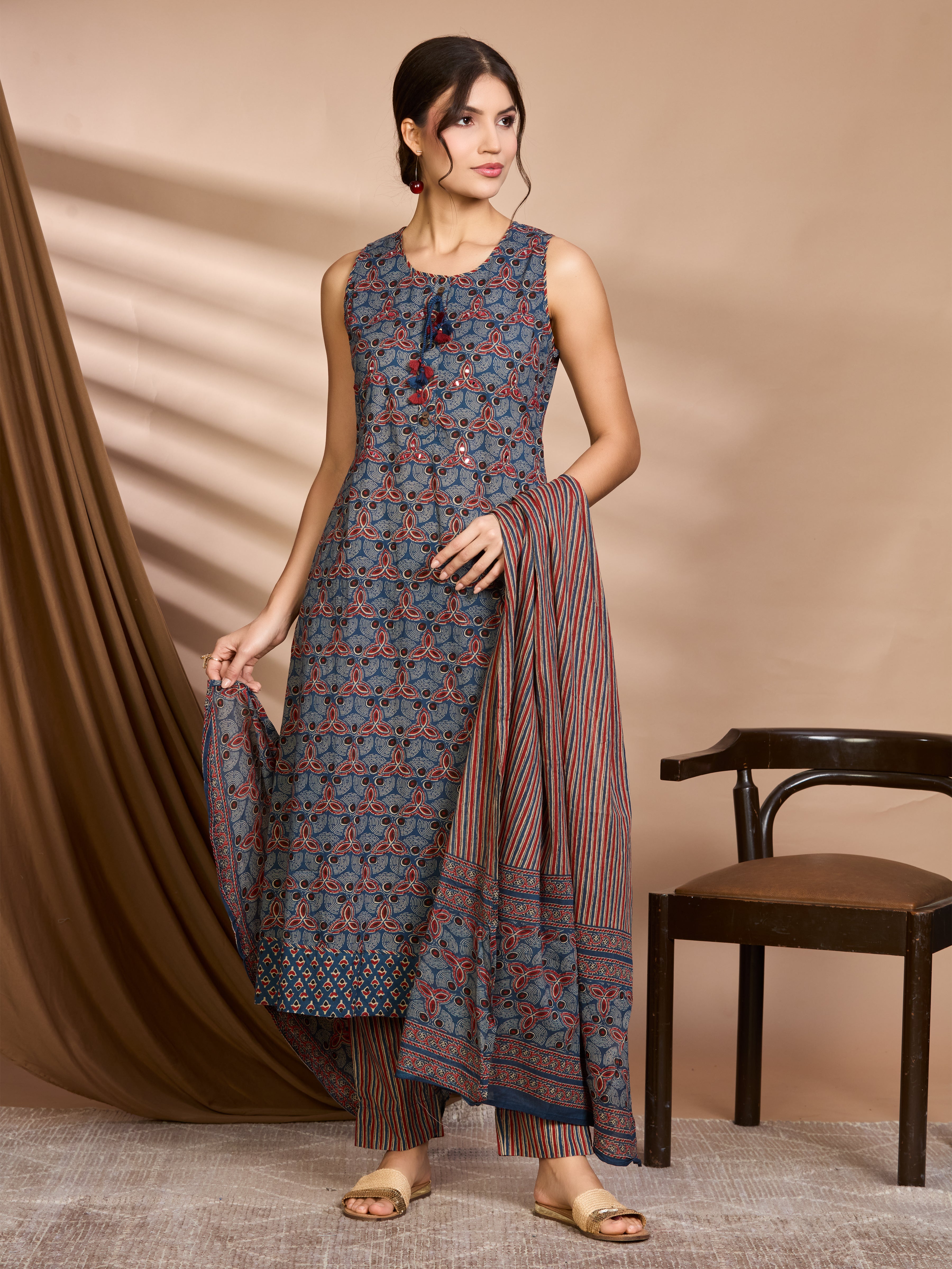 Midnight Indigo & Rust Hand Block Floral Print A-Line Kurta with Cotton Dupatta